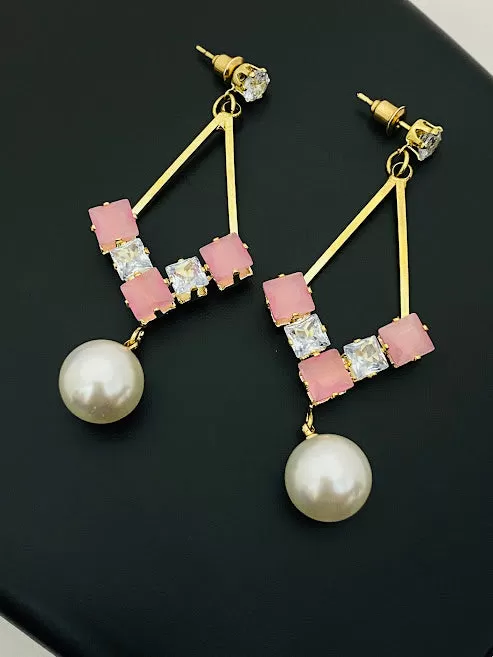 Appealing Traditional Pink Kundan Danglers Design With Pearl Drop Earrings