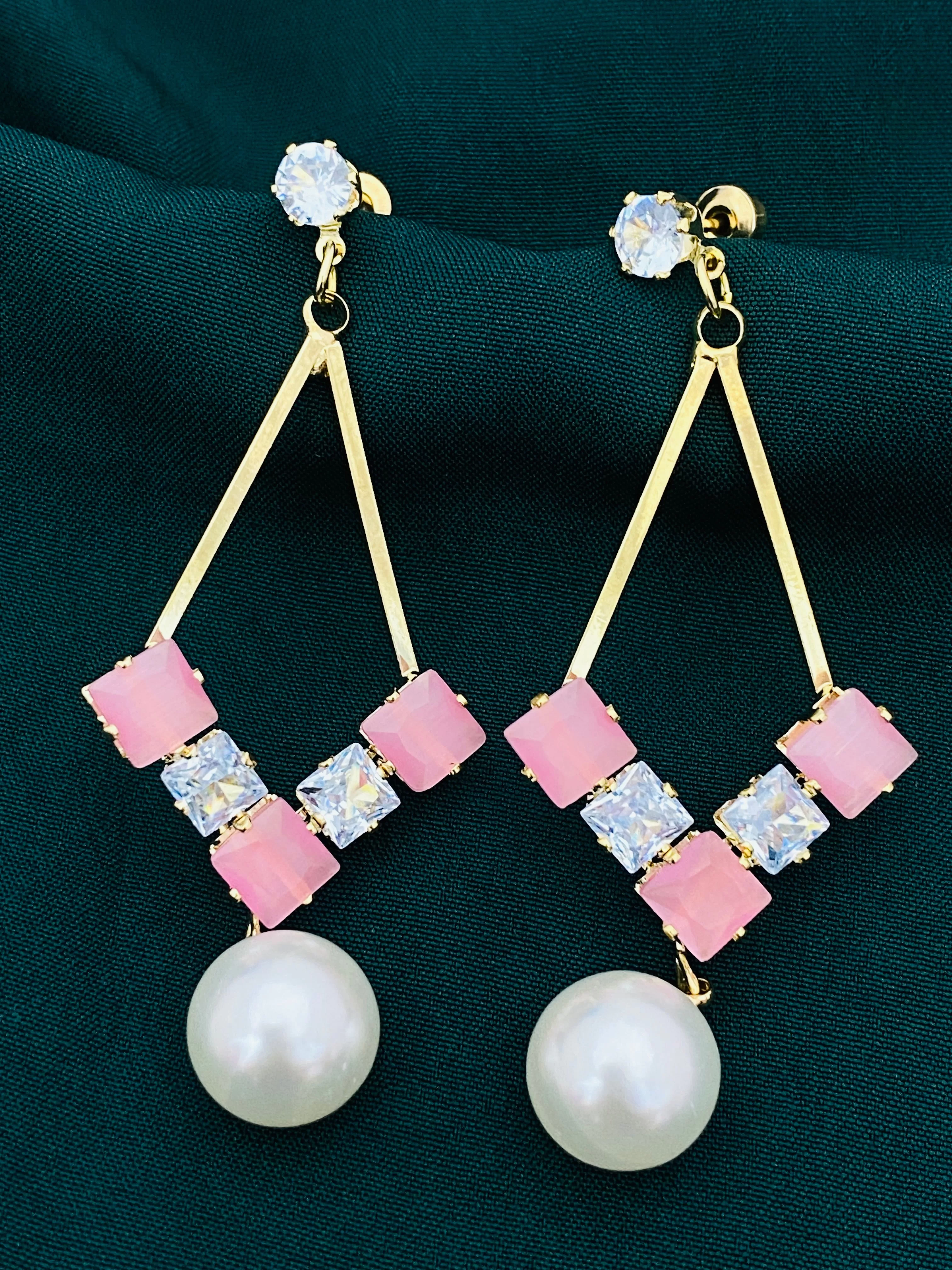 Appealing Traditional Pink Kundan Danglers Design With Pearl Drop Earrings