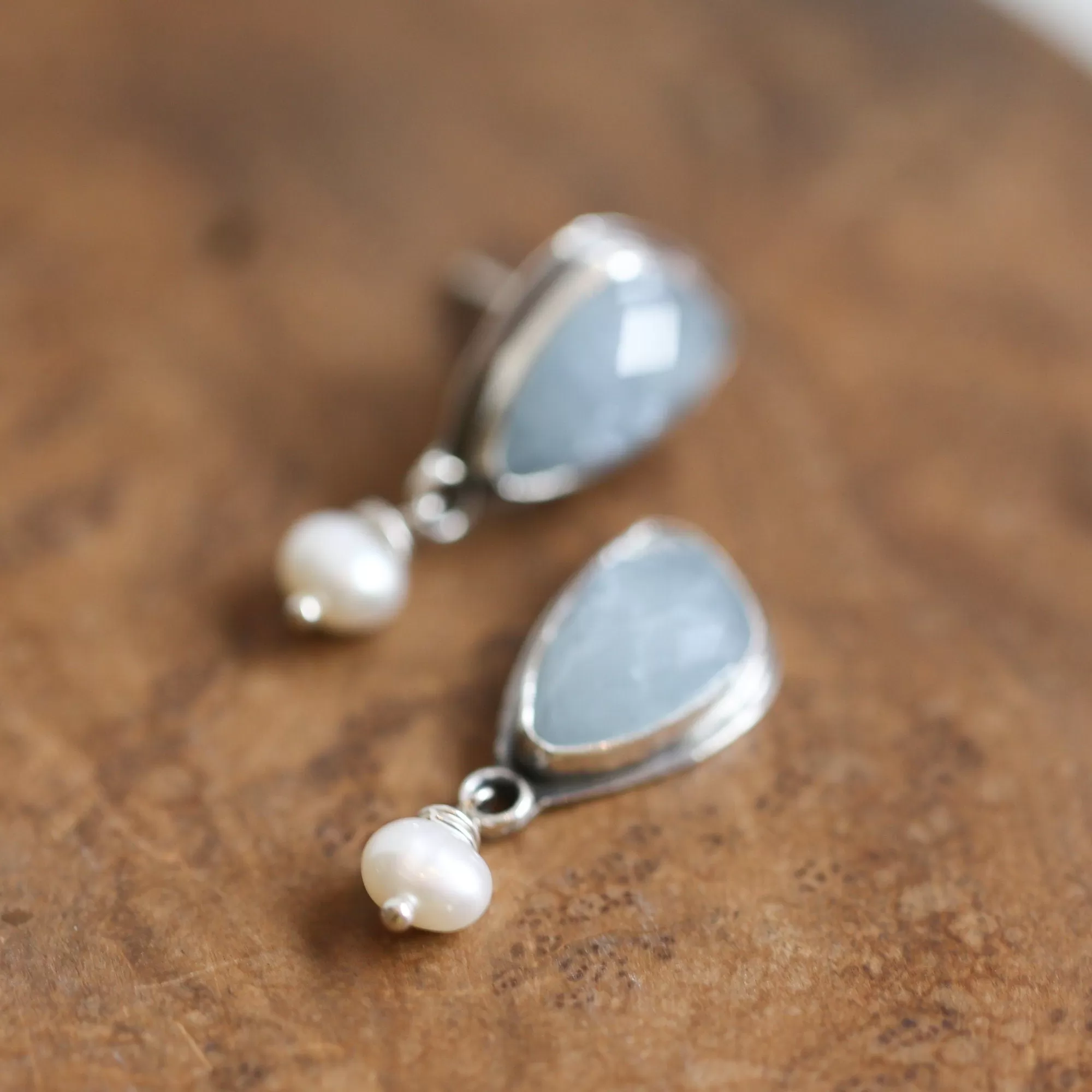 Aquamarine Posts - Faceted Aquamarine Earrings - Freshwater Pearls - .925 Sterling Silver