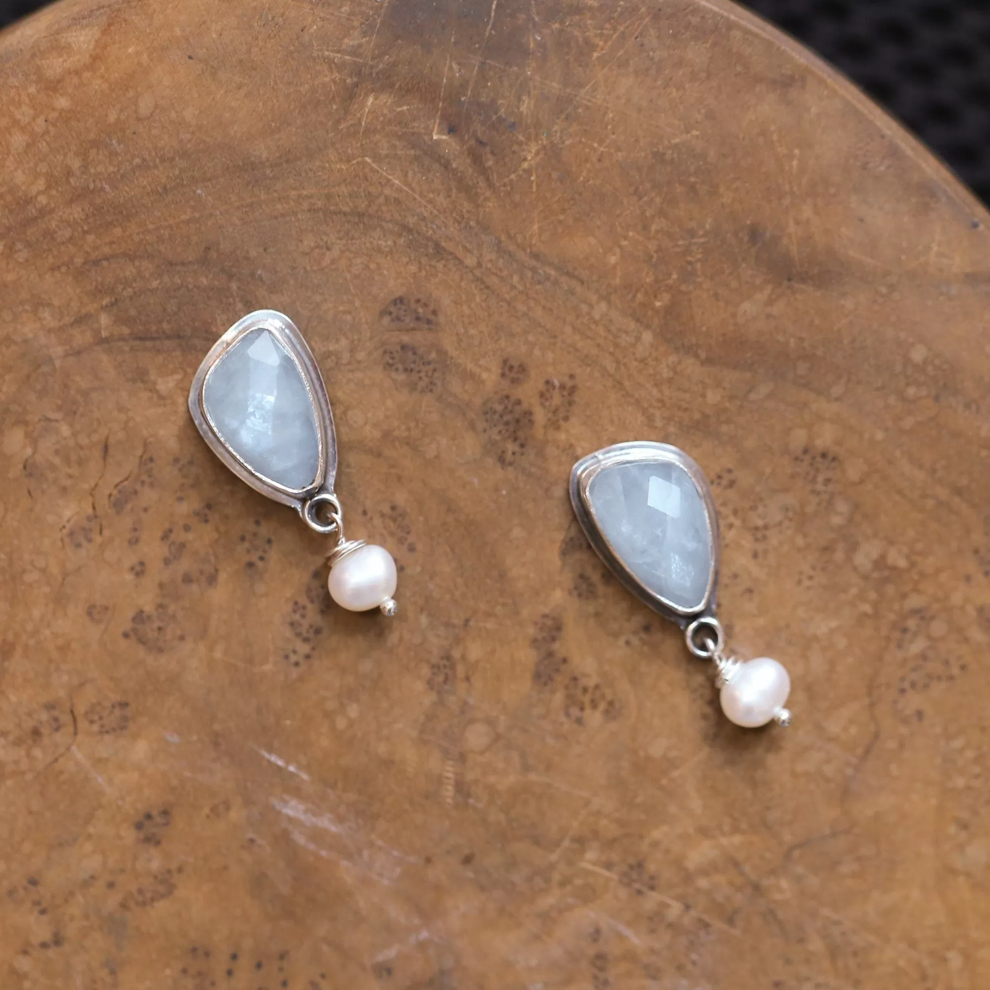 Aquamarine Posts - Faceted Aquamarine Earrings - Freshwater Pearls - .925 Sterling Silver