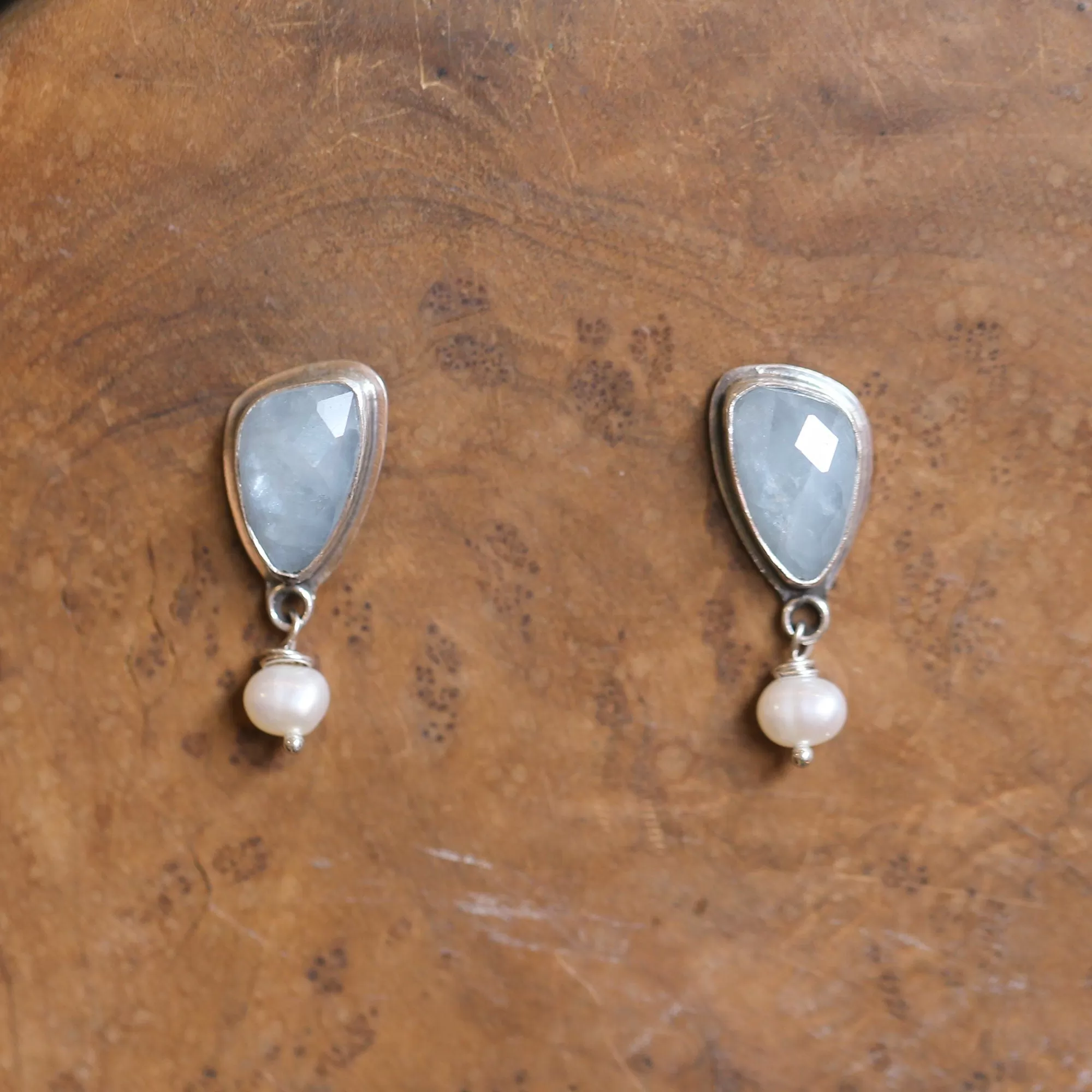 Aquamarine Posts - Faceted Aquamarine Earrings - Freshwater Pearls - .925 Sterling Silver