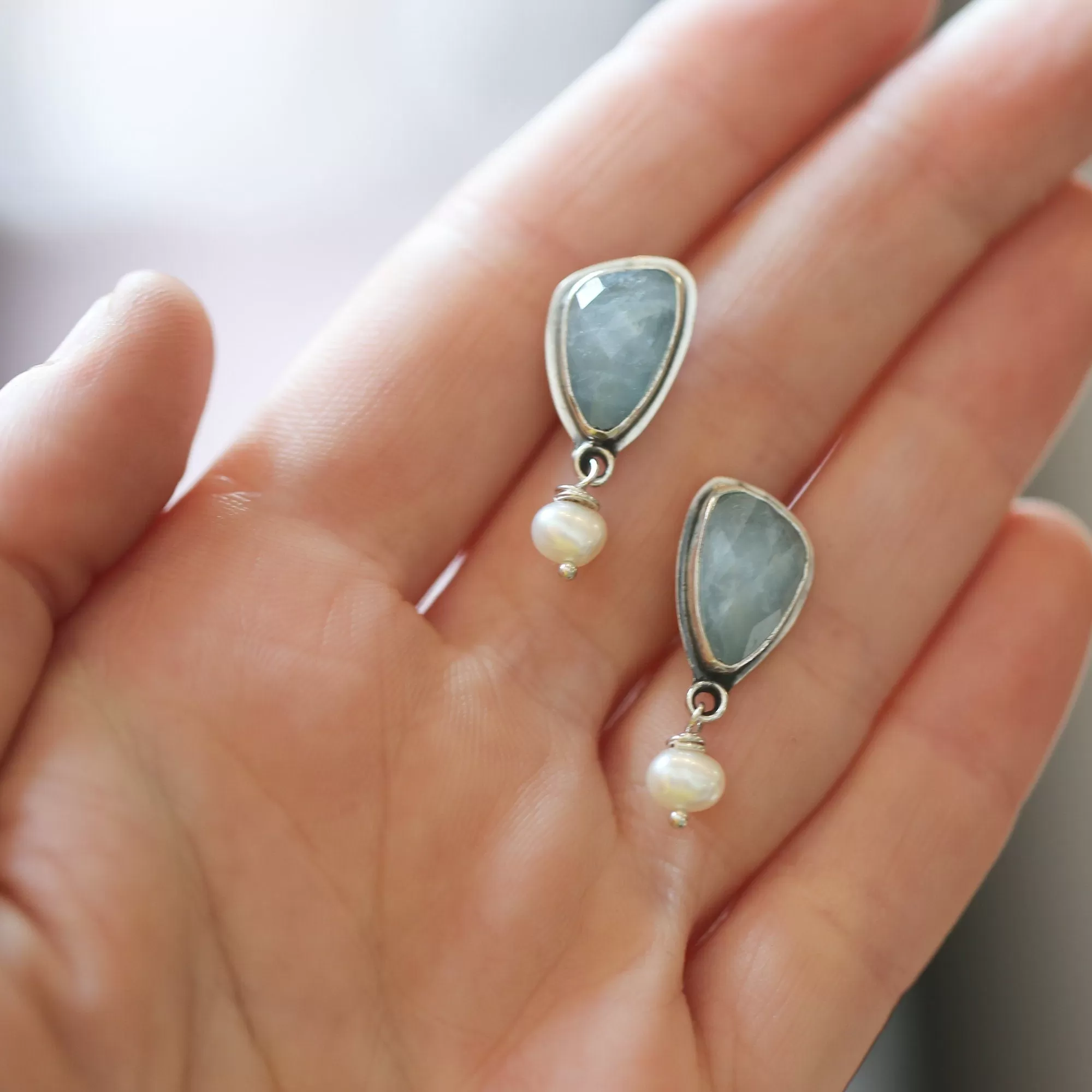 Aquamarine Posts - Faceted Aquamarine Earrings - Freshwater Pearls - .925 Sterling Silver