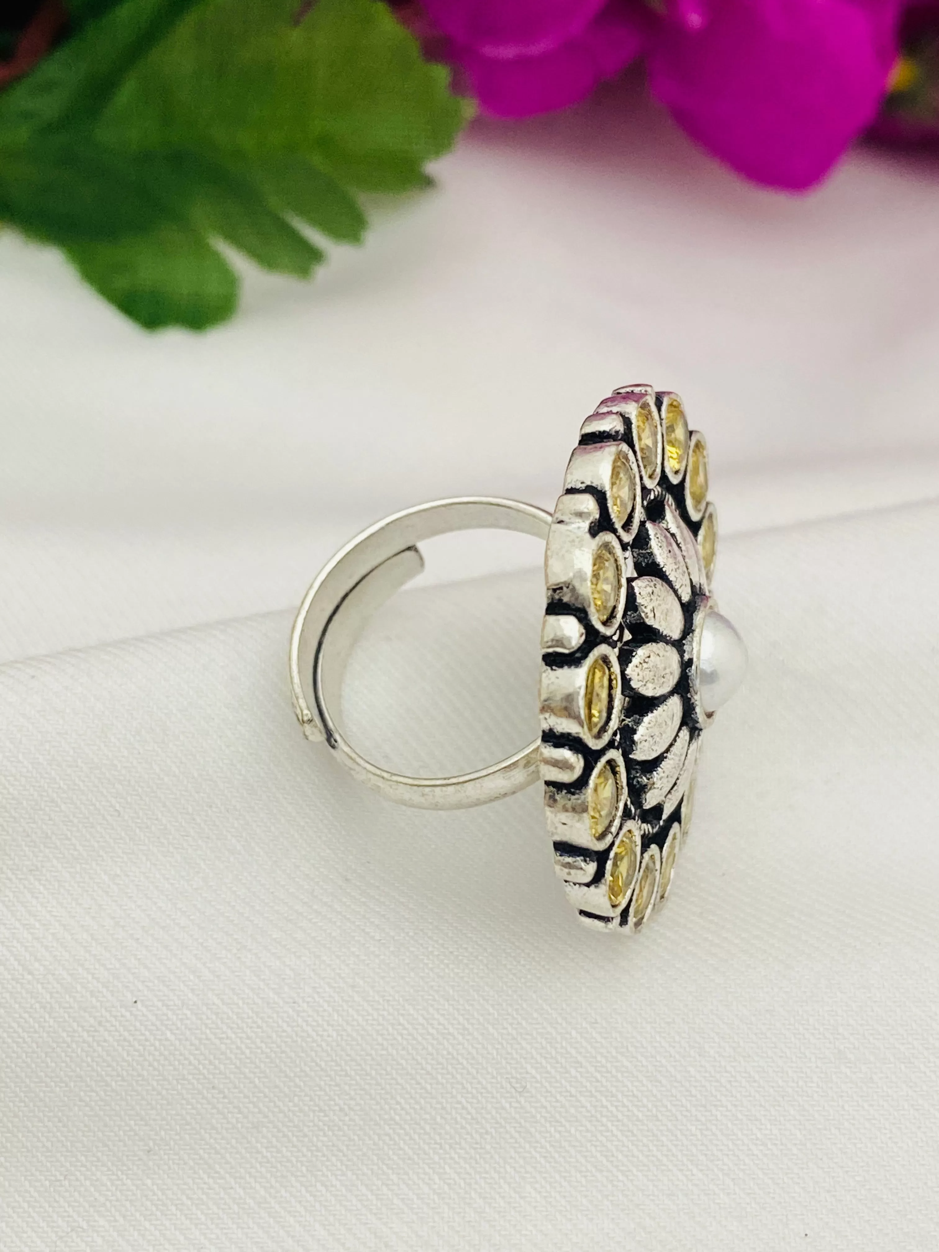 Attractive Yellow Stone Beaded Floral Designed Oxidized Pearl Finger ring