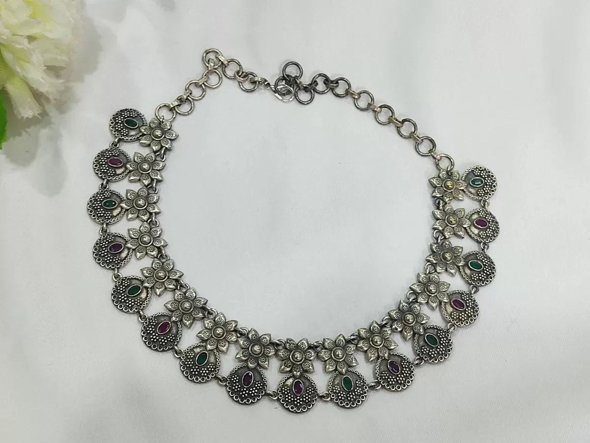 Beautiful Silver Plated Oxidized Floral Choker Made With Brass And Copper