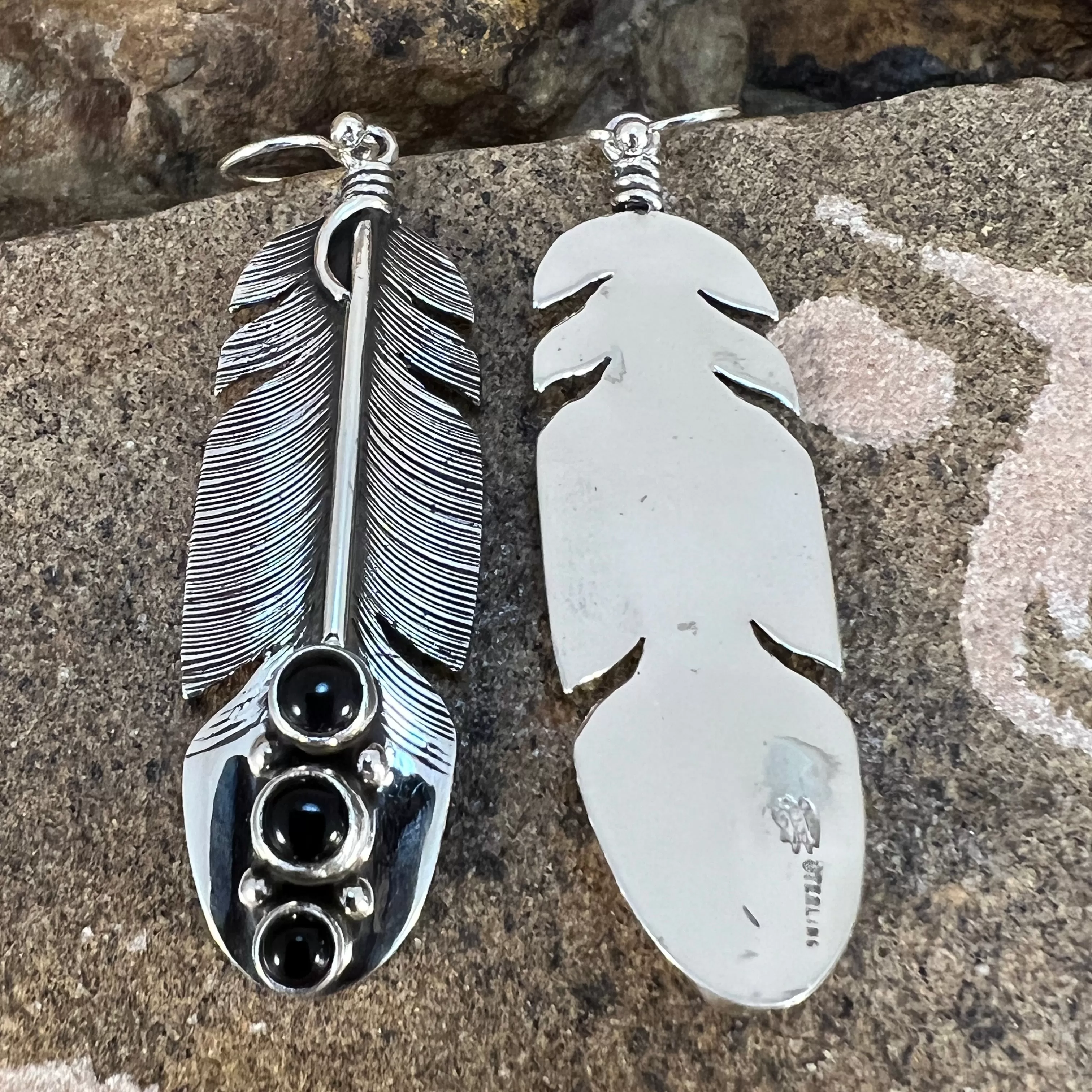 Black Onyx Sterling Sliver Feather Earrings by Lena Platero