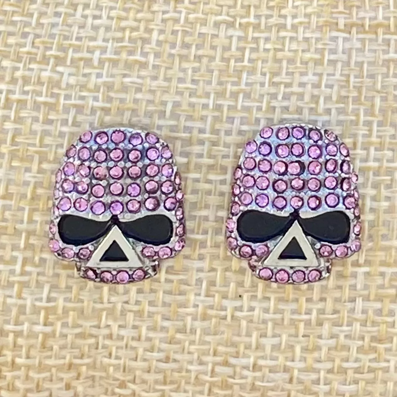 Bling Skull Earrings - Pink Stone - Small Stud - 2596E