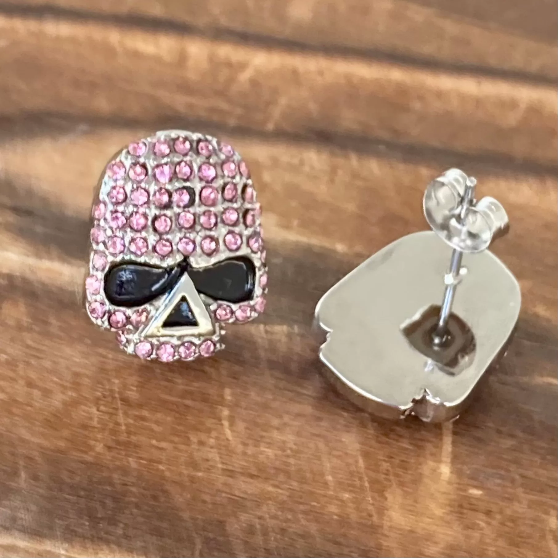 Bling Skull Earrings - Pink Stone - Small Stud - 2596E