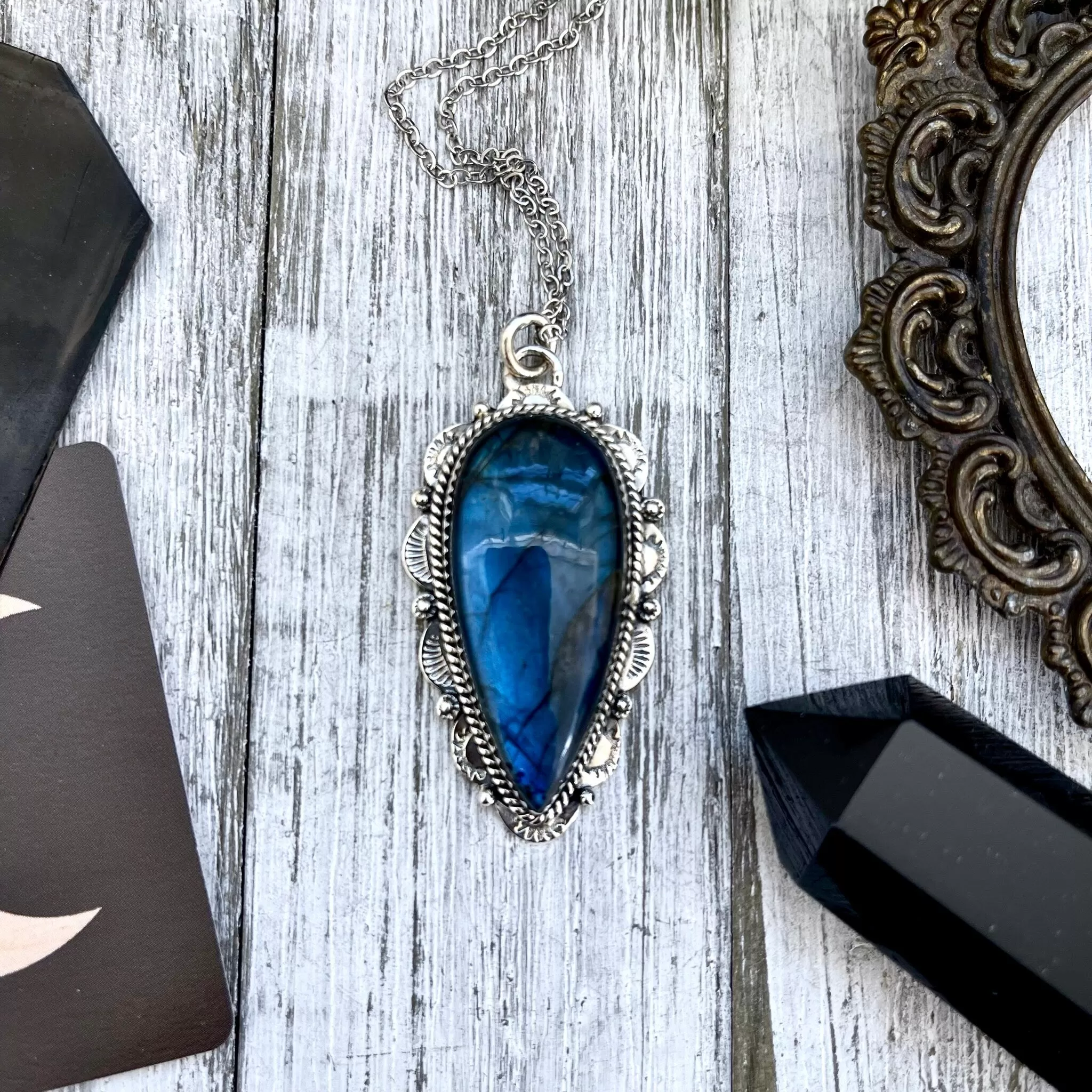 Blue Labradorite Crystal Teardrop Necklace in Sterling Silver  -Designed by FOXLARK Collection / Witchy Necklace Goth Jewelry