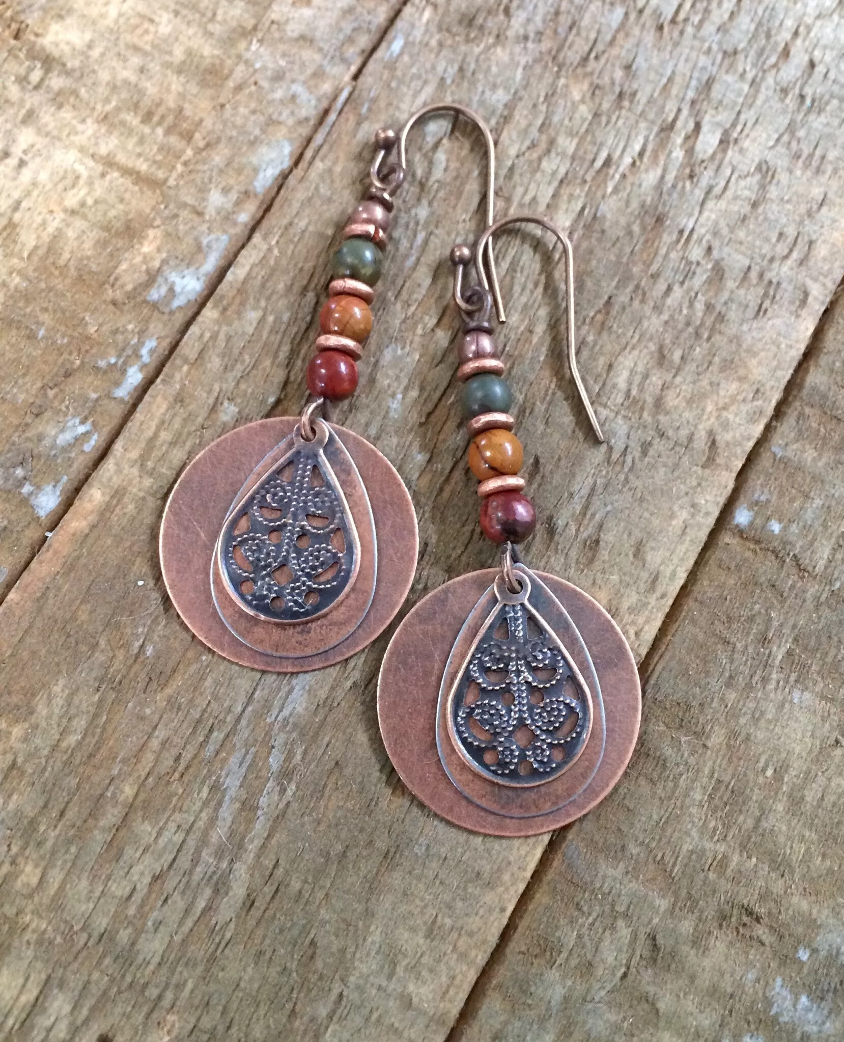 Boho Jasper Earrings, Copper Dangle Earrings, Red Creek Jasper Jewelry, Colorful Stone Earrings, Bohemian Jewelry