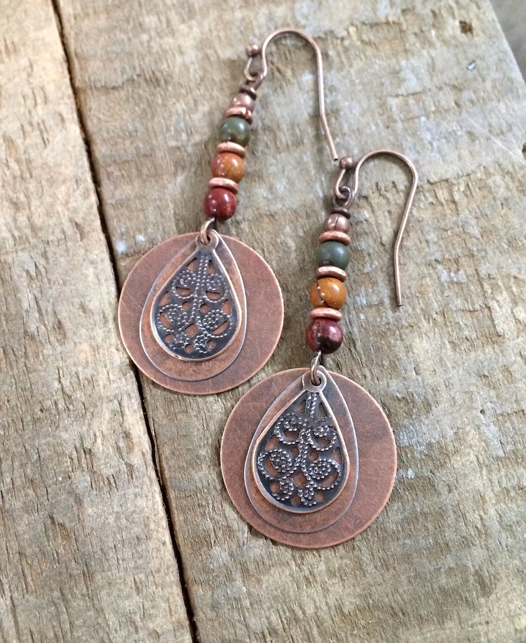 Boho Jasper Earrings, Copper Dangle Earrings, Red Creek Jasper Jewelry, Colorful Stone Earrings, Bohemian Jewelry