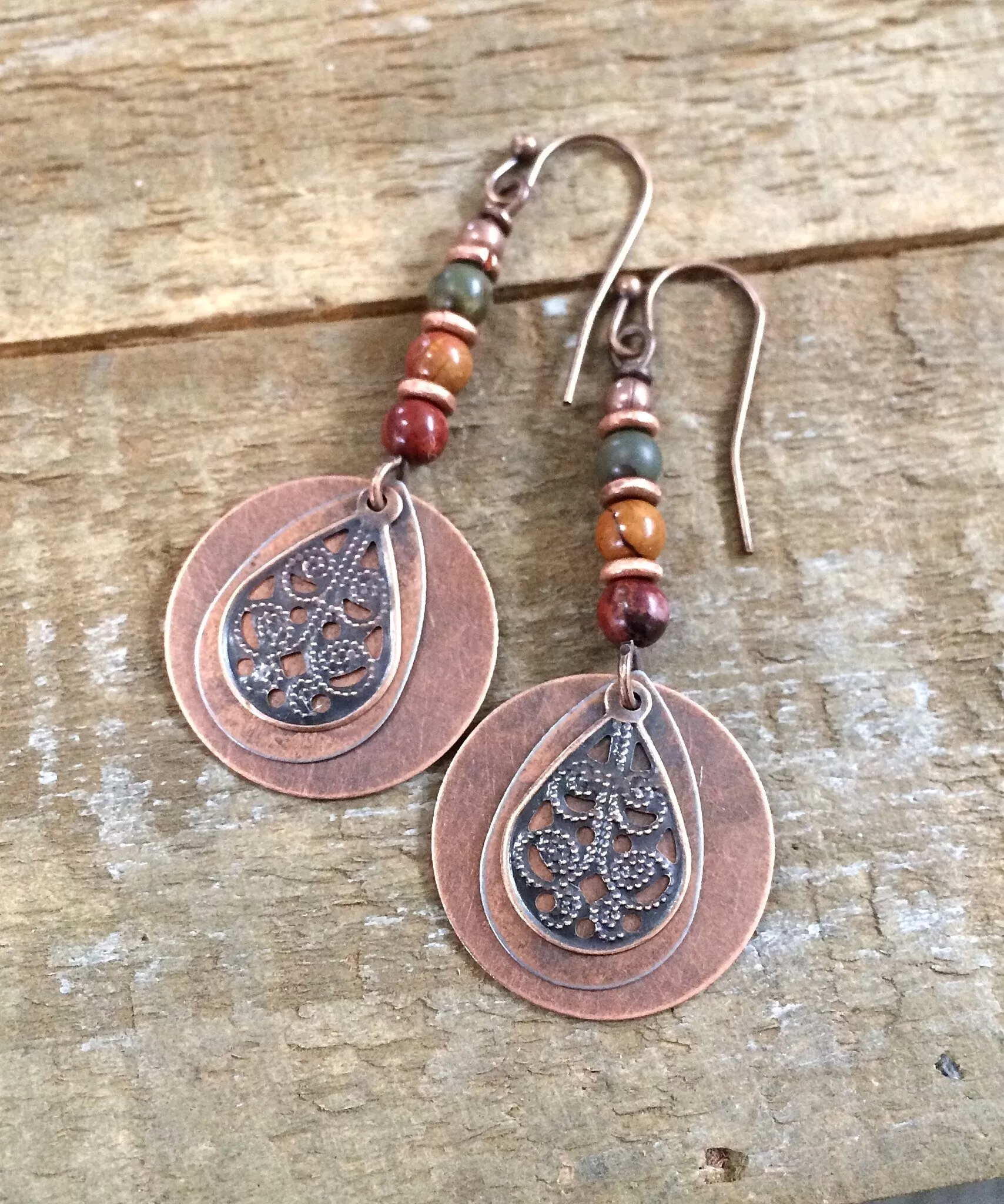 Boho Jasper Earrings, Copper Dangle Earrings, Red Creek Jasper Jewelry, Colorful Stone Earrings, Bohemian Jewelry