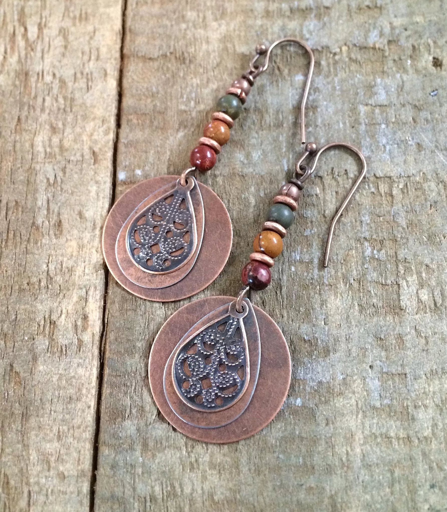 Boho Jasper Earrings, Copper Dangle Earrings, Red Creek Jasper Jewelry, Colorful Stone Earrings, Bohemian Jewelry