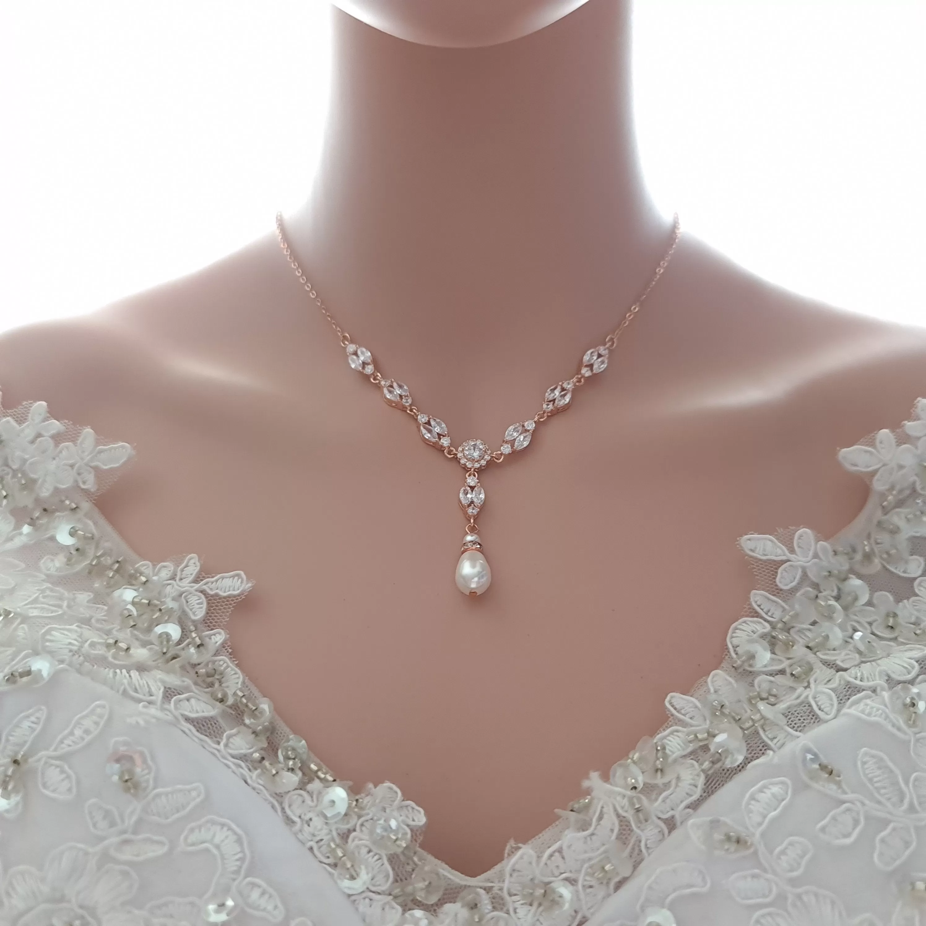 Bridal Back Necklace with Pearl & Crystal Backdrop for Weddings- Hayley