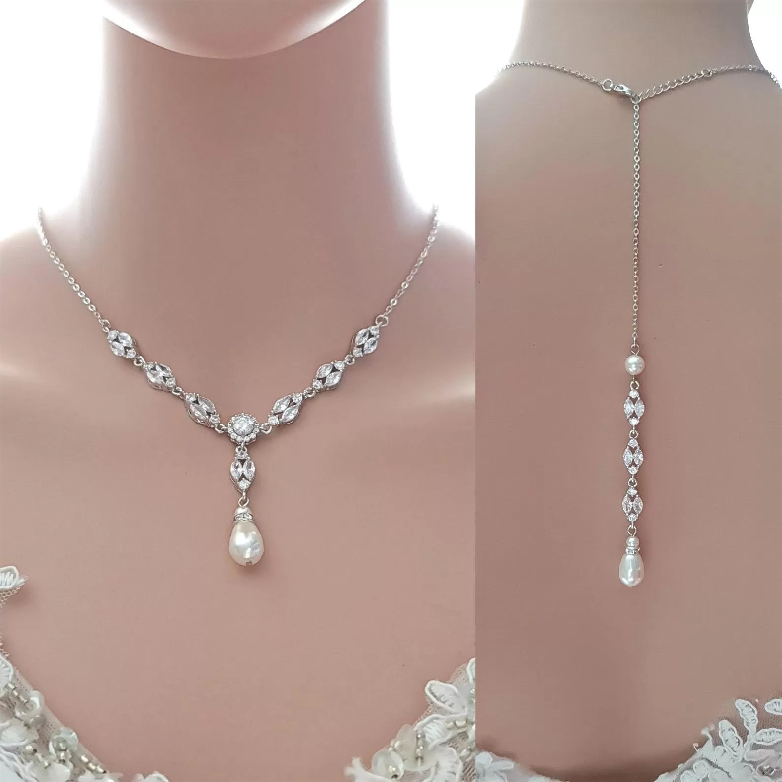 Bridal Back Necklace with Pearl & Crystal Backdrop for Weddings- Hayley