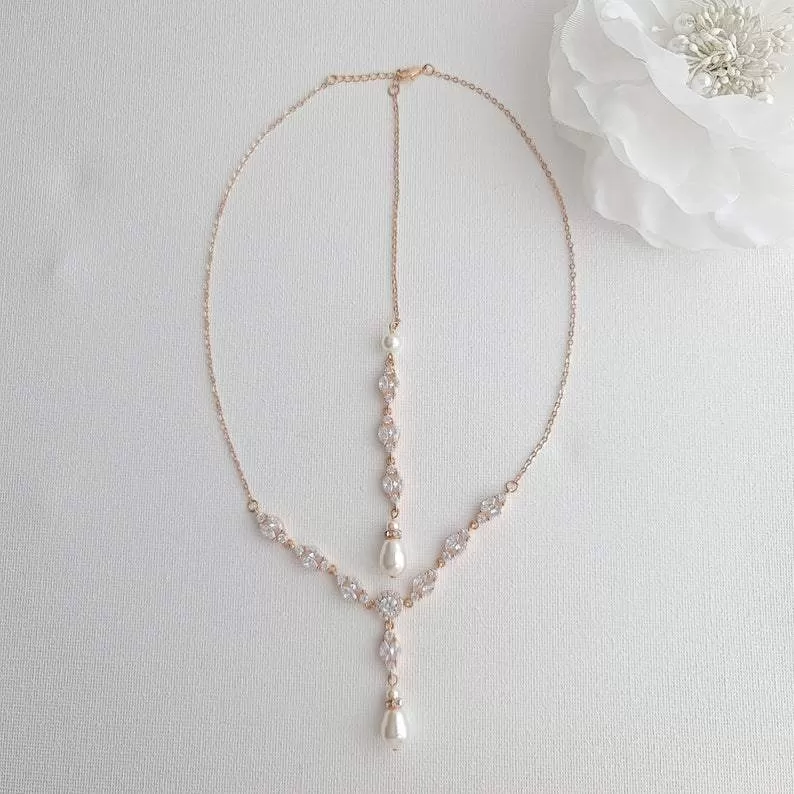 Bridal Back Necklace with Pearl & Crystal Backdrop for Weddings- Hayley