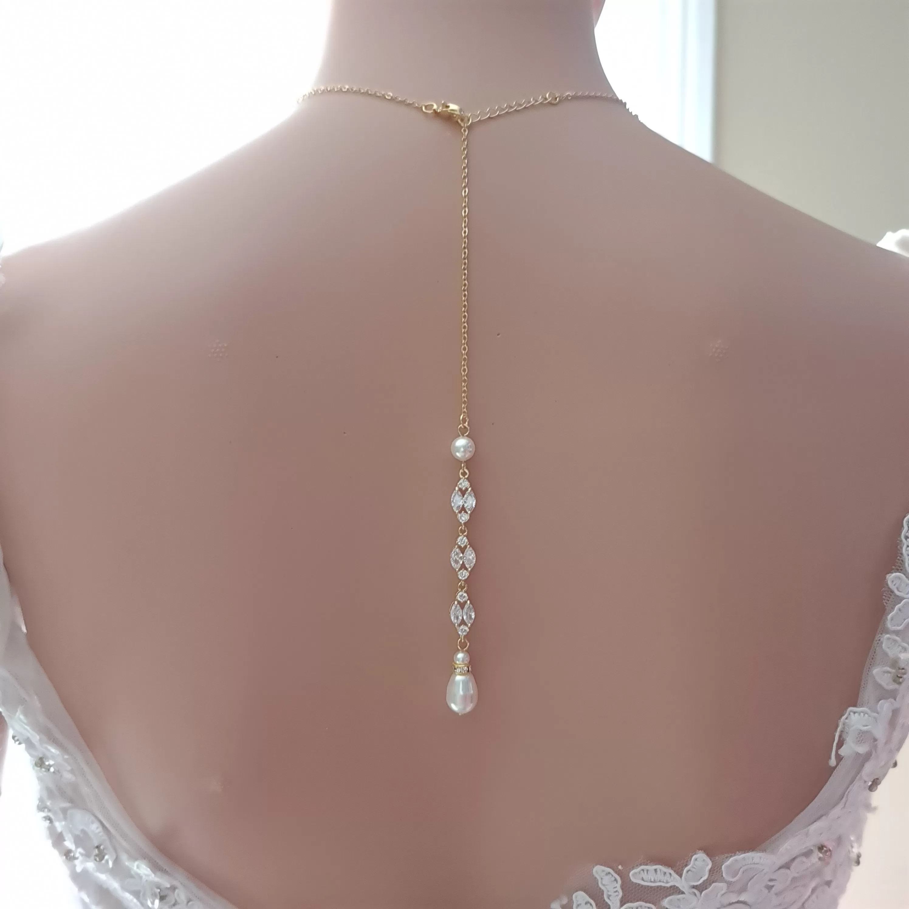 Bridal Back Necklace with Pearl & Crystal Backdrop for Weddings- Hayley