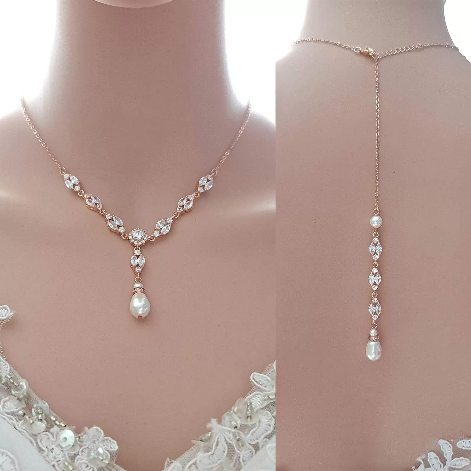 Bridal Back Necklace with Pearl & Crystal Backdrop for Weddings- Hayley