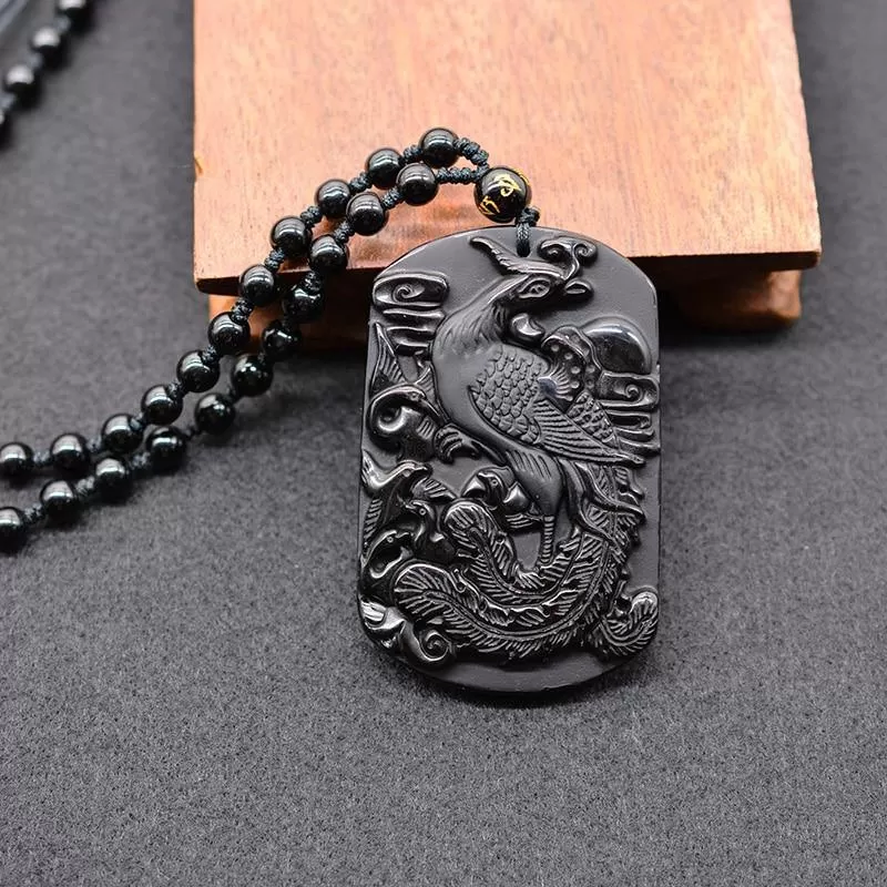 Carved Black Obsidian Phoenix Necklace