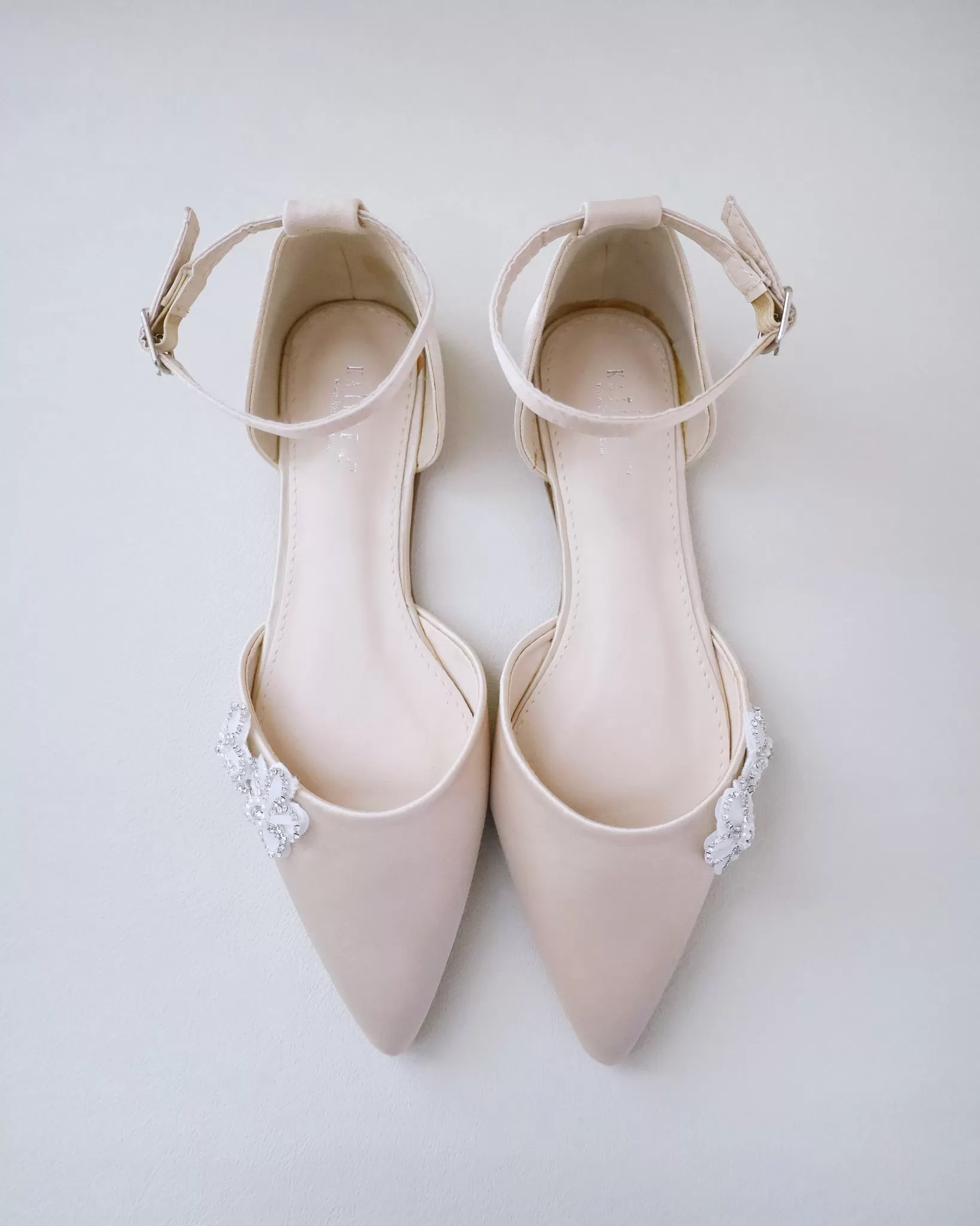 Champagne Satin Pointy Toe Evening Flats with Rhinestones Chassia Flower