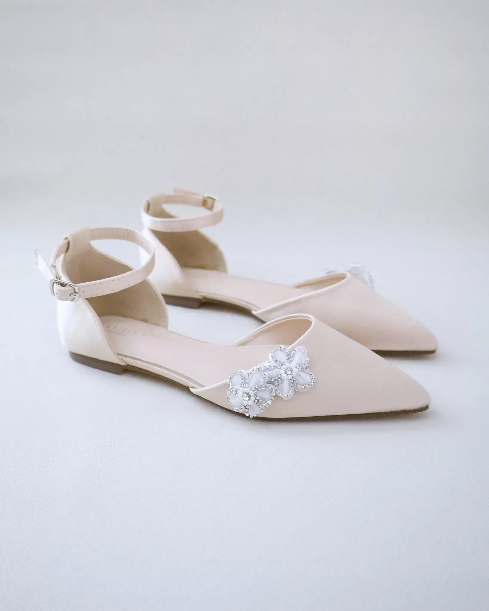 Champagne Satin Pointy Toe Evening Flats with Rhinestones Chassia Flower