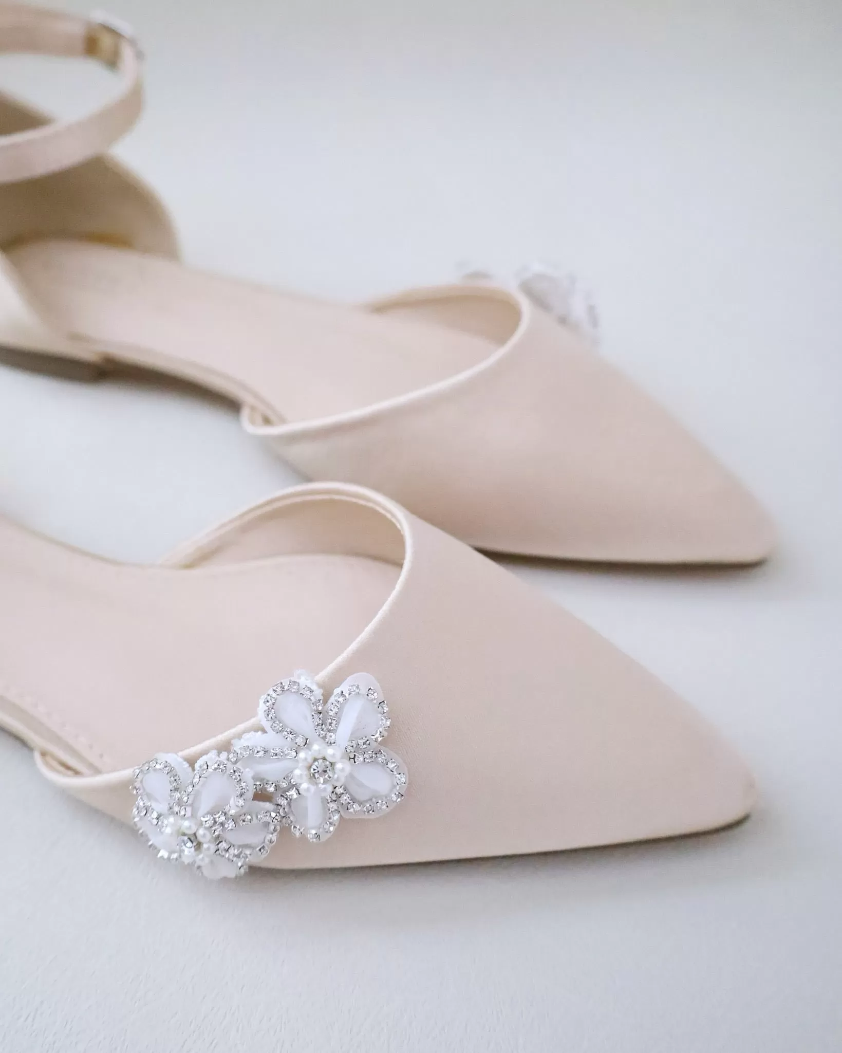 Champagne Satin Pointy Toe Evening Flats with Rhinestones Chassia Flower