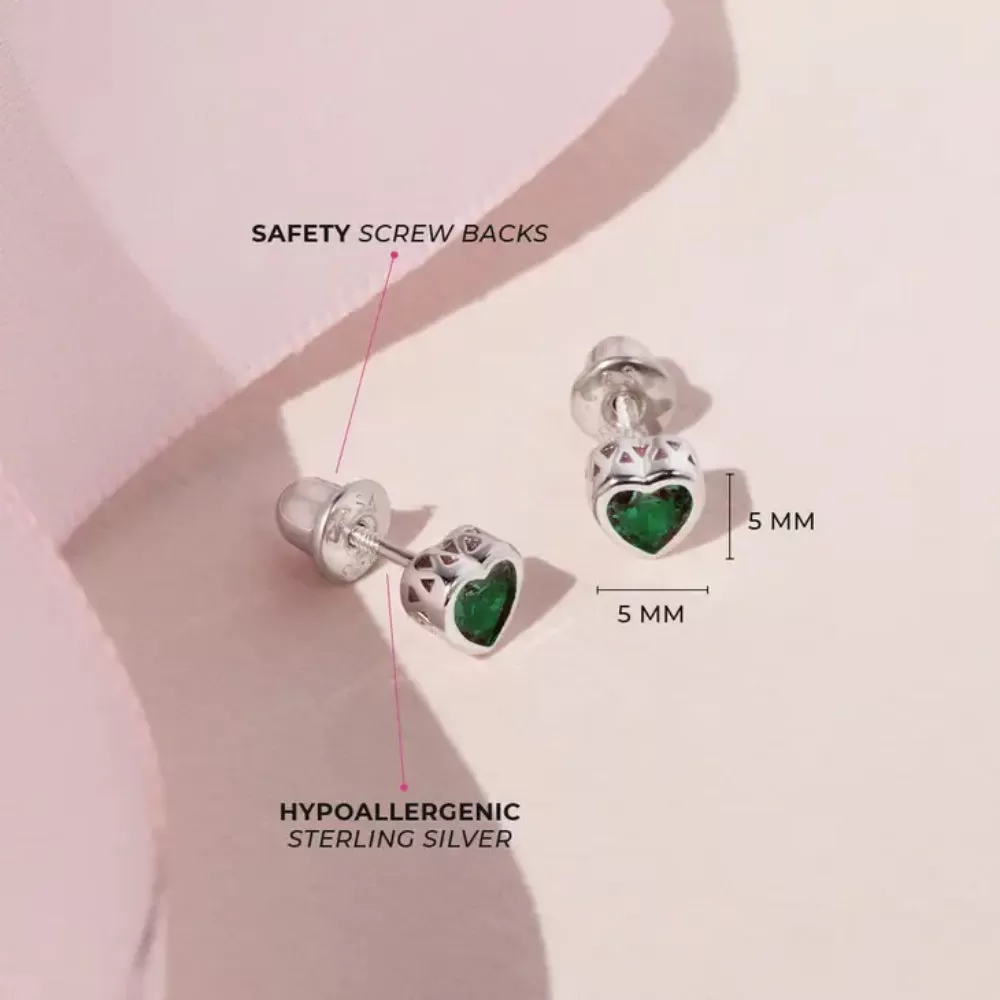 Children's Sterling Silver CZ Birthstone Heart Stud Earrings - May