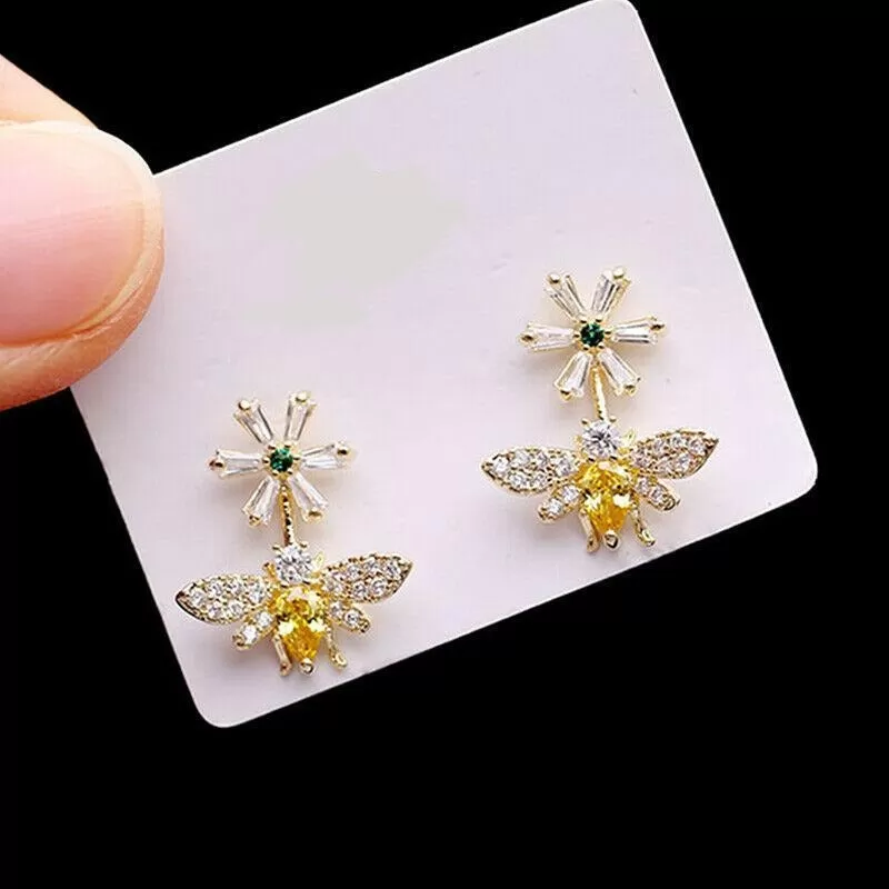 Citrine Honeybee Flower Baguette Emerald CZ Earrings