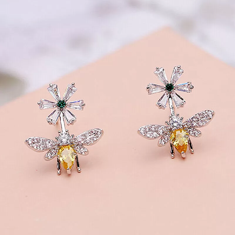 Citrine Honeybee Flower Baguette Emerald CZ Earrings