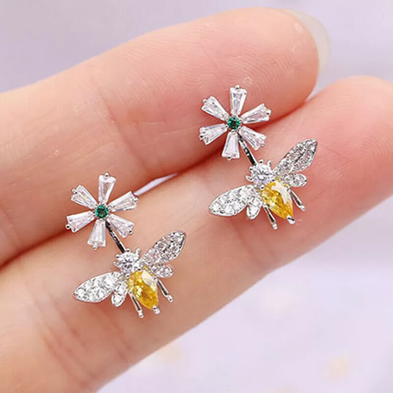 Citrine Honeybee Flower Baguette Emerald CZ Earrings