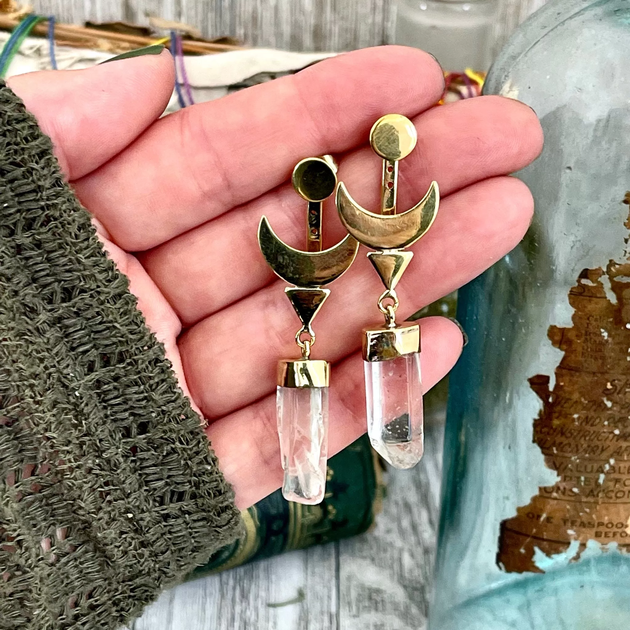 Crescent Moon Ear Jacket Earrings with Natural Clear Quartz Crystals set in Brass or Sterling Silver