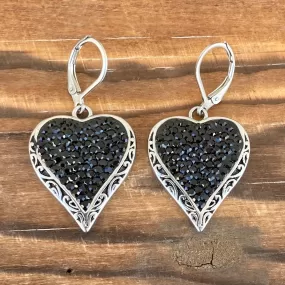 Crystal Heart Earrings - Black - Lever Back - AJ2LE