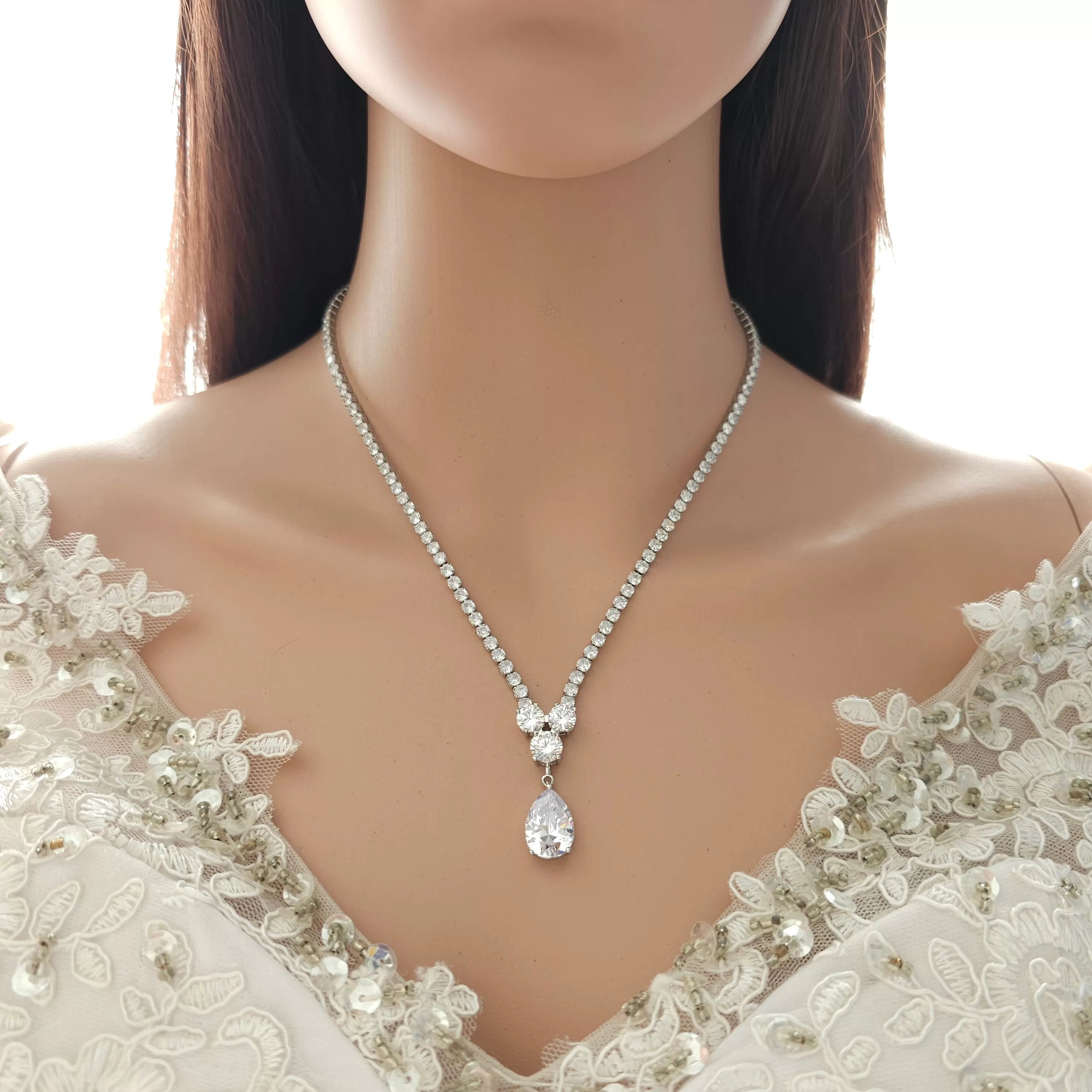 Cubic Zirconia Wedding Necklace in Silver Plating-Diane