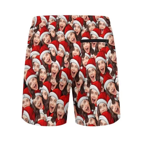 Custom Seamless Face Christmas Red Hat Men's 2 in 1 Running Shorts Workout Training Quick Dry Bodybuliding Athletic Shorts Jogger with Pockets