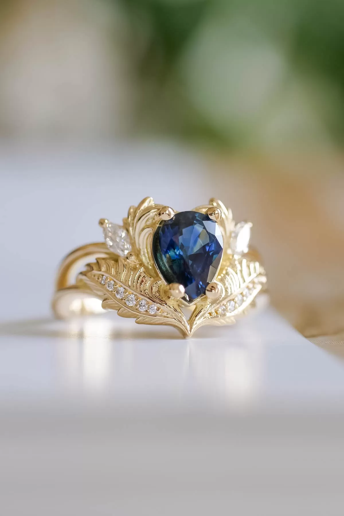 Dark blue sapphire engagement ring, ornate proposal ring with diamonds / Adonis