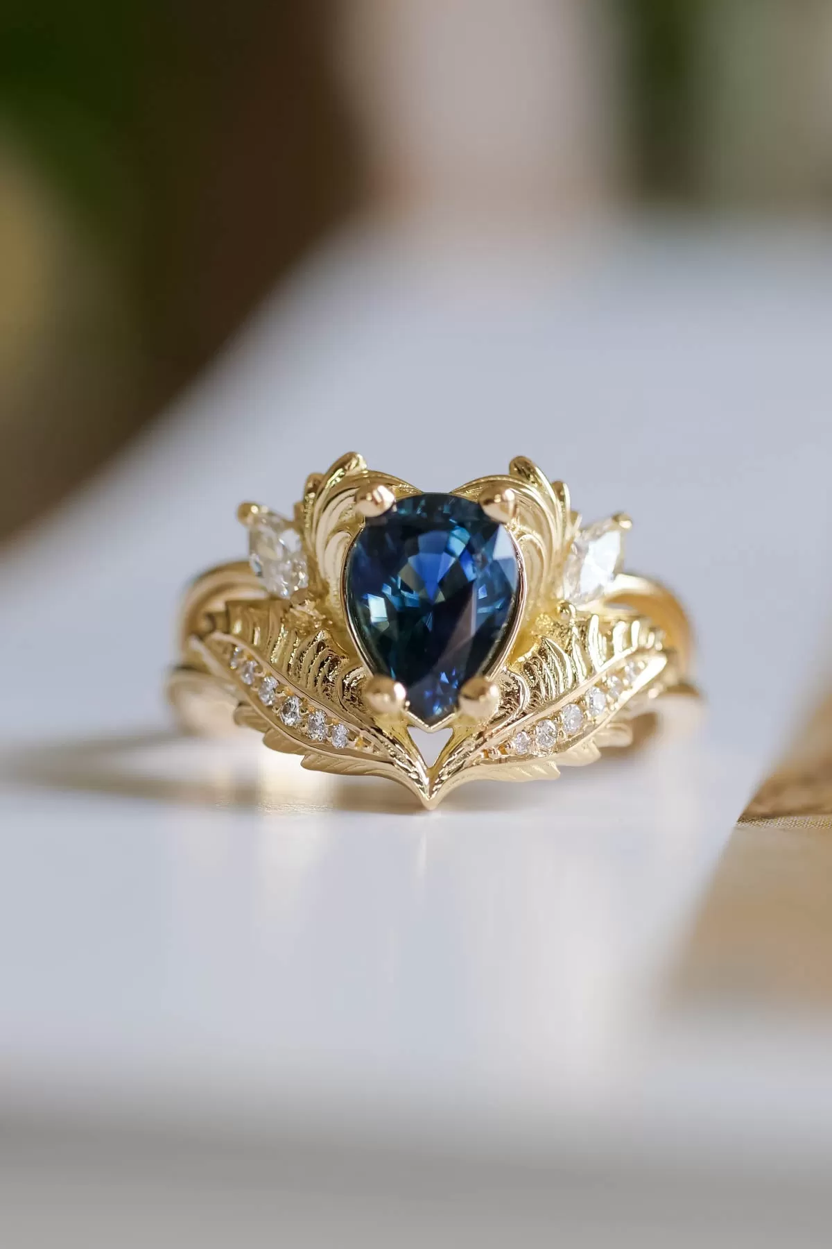 Dark blue sapphire engagement ring, ornate proposal ring with diamonds / Adonis