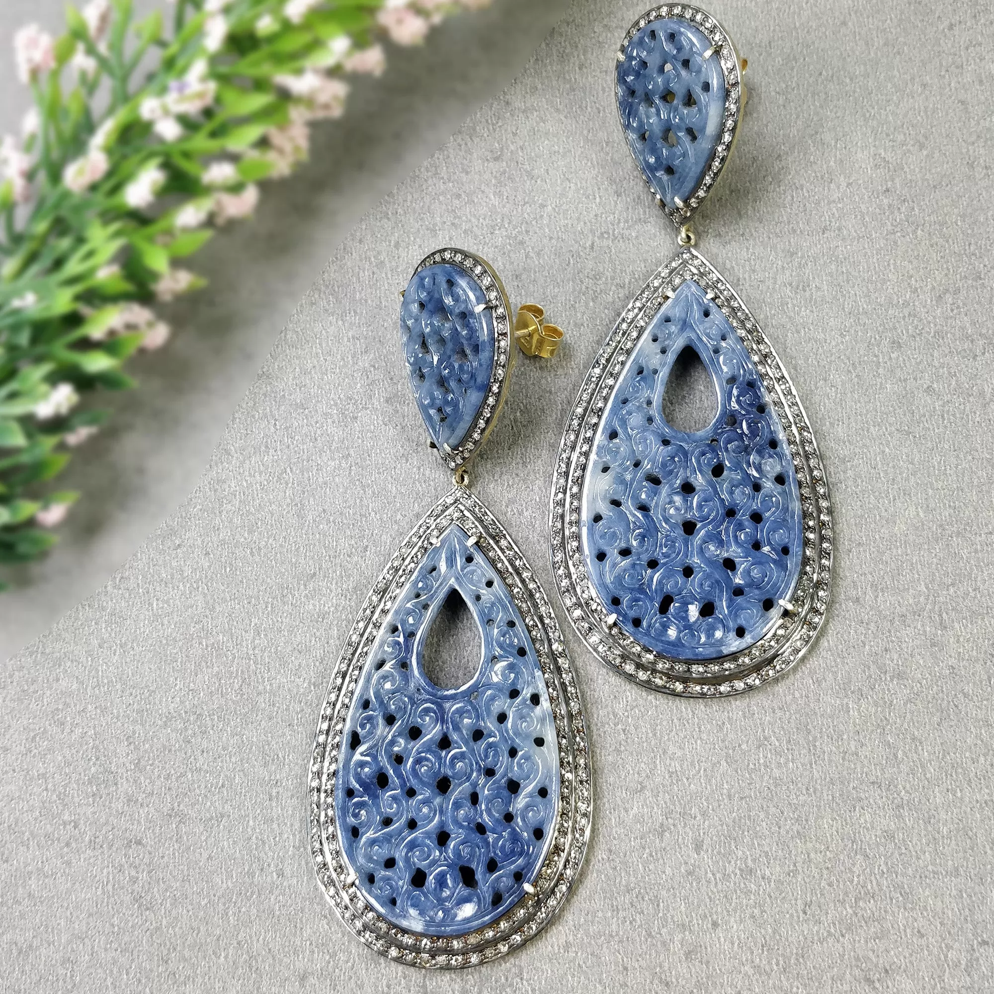 DIAMOND & BLUE SAPPHIRE Earring: 925 Sterling Silver Natural Sapphire Hand Carved Pear Diamond 3.75" Gold Plated Push Back Victorian Earring