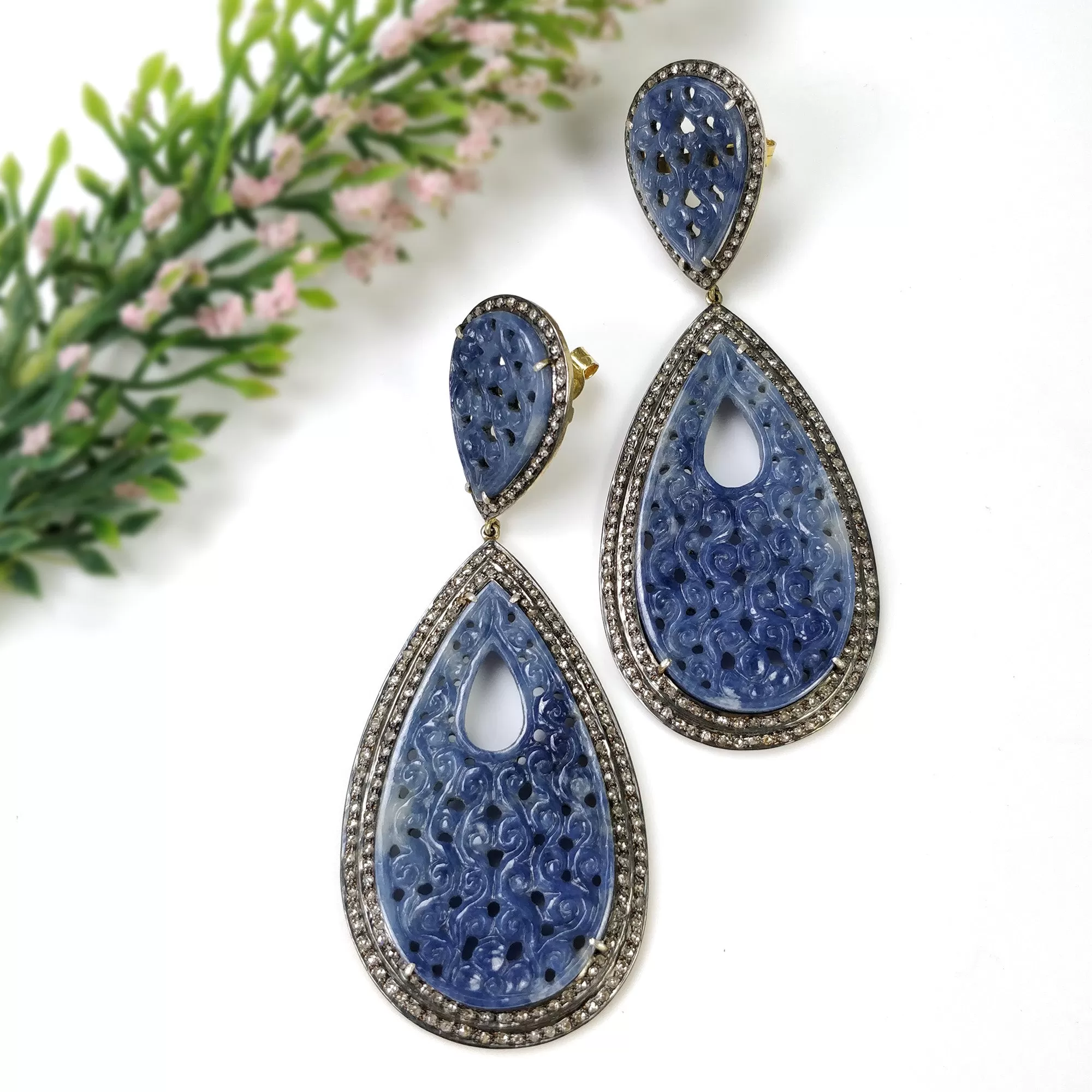 DIAMOND & BLUE SAPPHIRE Earring: 925 Sterling Silver Natural Sapphire Hand Carved Pear Diamond 3.75" Gold Plated Push Back Victorian Earring