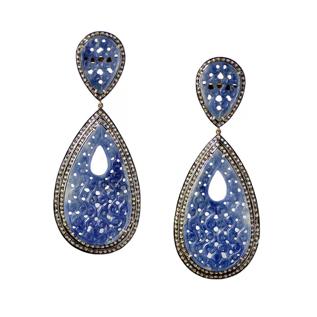 DIAMOND & BLUE SAPPHIRE Earring: 925 Sterling Silver Natural Sapphire Hand Carved Pear Diamond 3.75" Gold Plated Push Back Victorian Earring