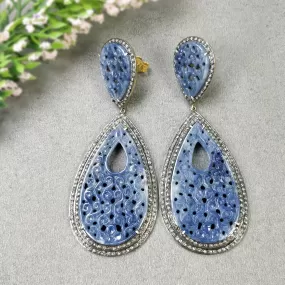 DIAMOND & BLUE SAPPHIRE Earring: 925 Sterling Silver Natural Sapphire Hand Carved Pear Diamond 3.75" Gold Plated Push Back Victorian Earring