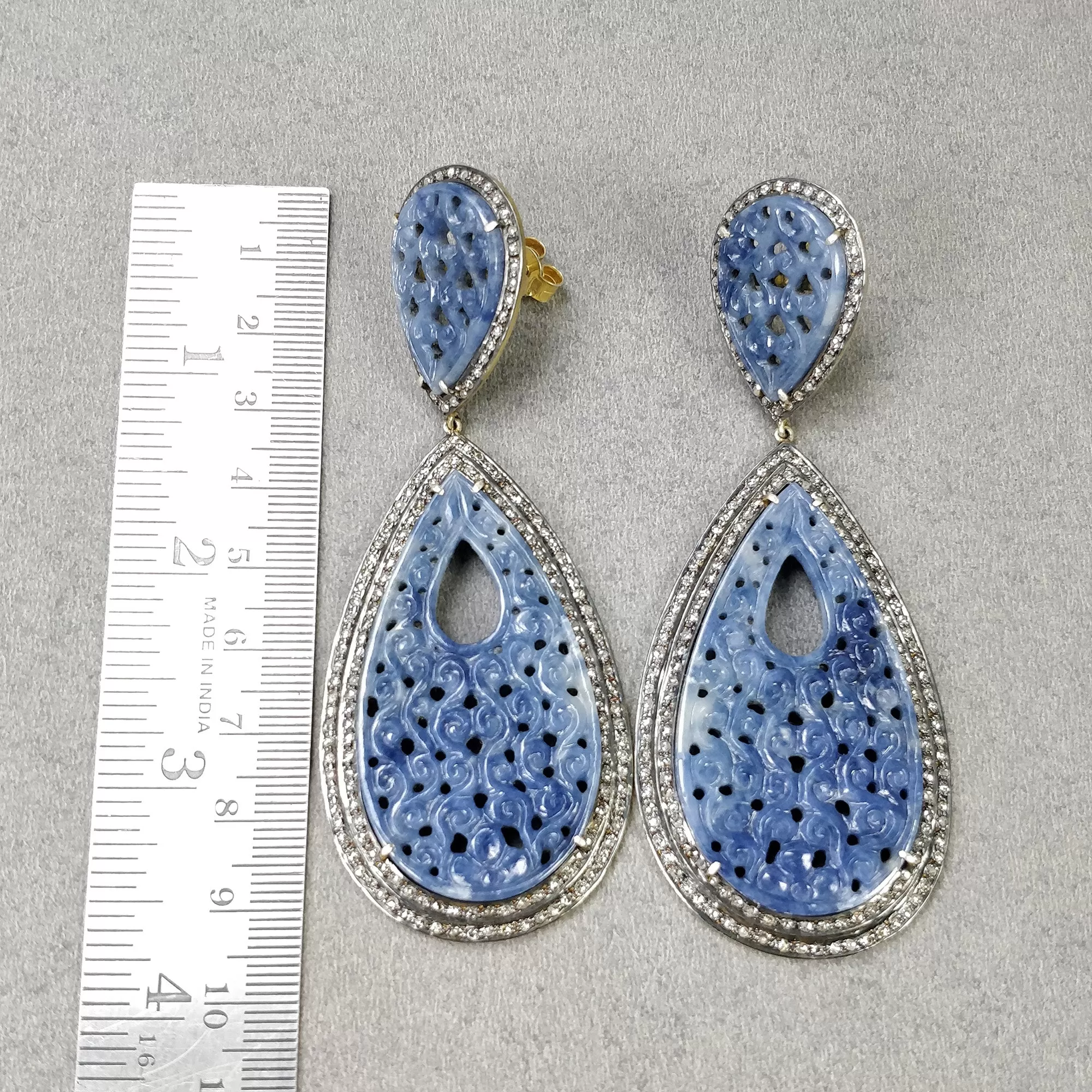 DIAMOND & BLUE SAPPHIRE Earring: 925 Sterling Silver Natural Sapphire Hand Carved Pear Diamond 3.75" Gold Plated Push Back Victorian Earring