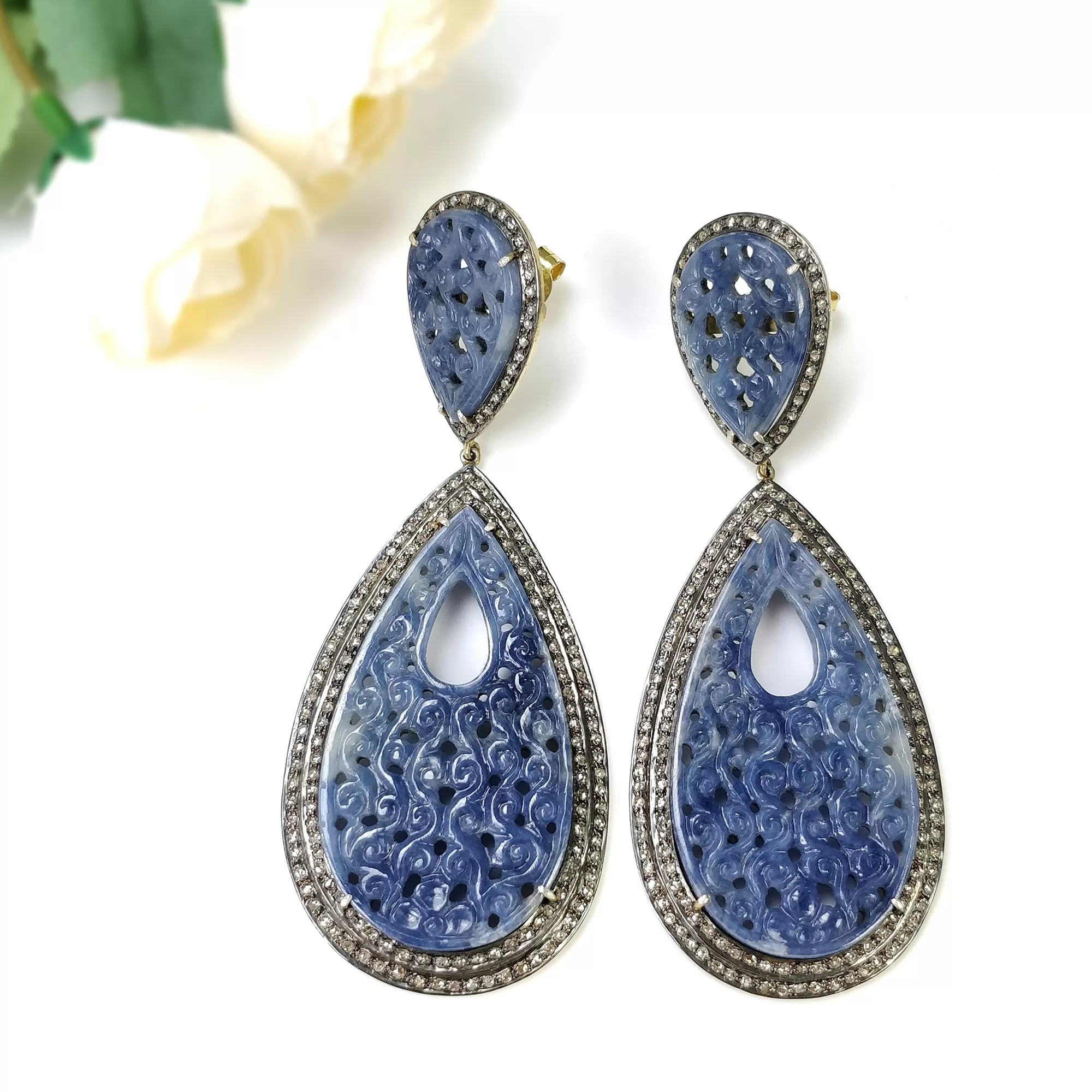 DIAMOND & BLUE SAPPHIRE Earring: 925 Sterling Silver Natural Sapphire Hand Carved Pear Diamond 3.75" Gold Plated Push Back Victorian Earring