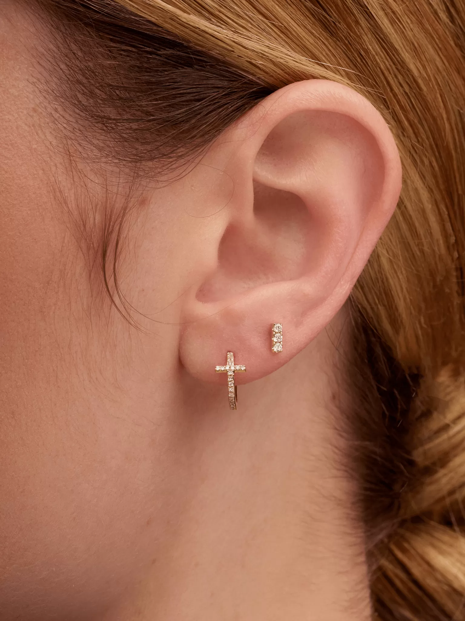 Diamond Cross Huggie Earrings 14K