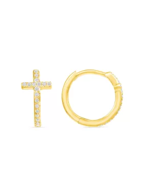 Diamond Cross Huggie Earrings 14K