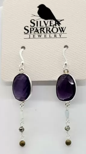 Earrings, Amethyst Bezel w-Baubles Sterling Silver