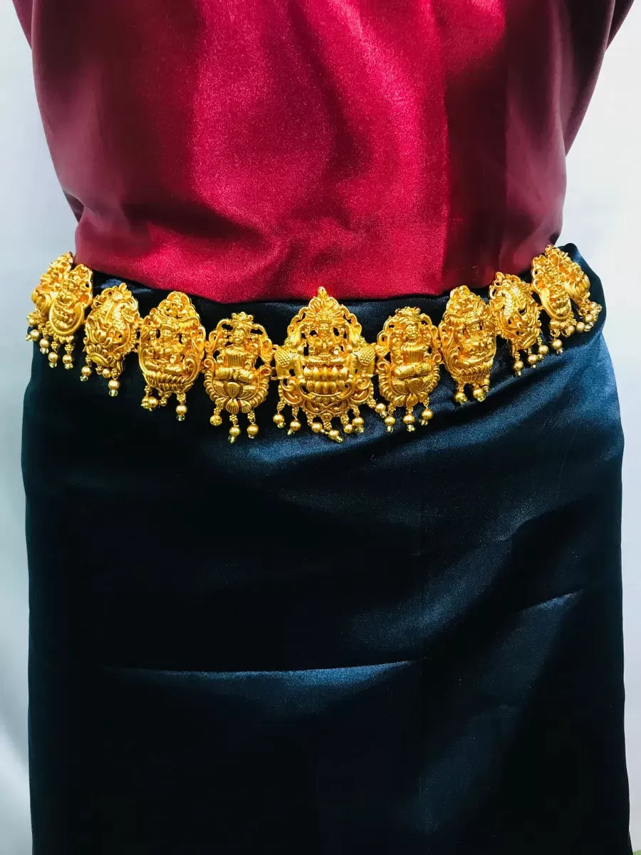 Elegant Matte Finished Antique Gold Temple Lakshmi Design Hip Chain With Beads Work