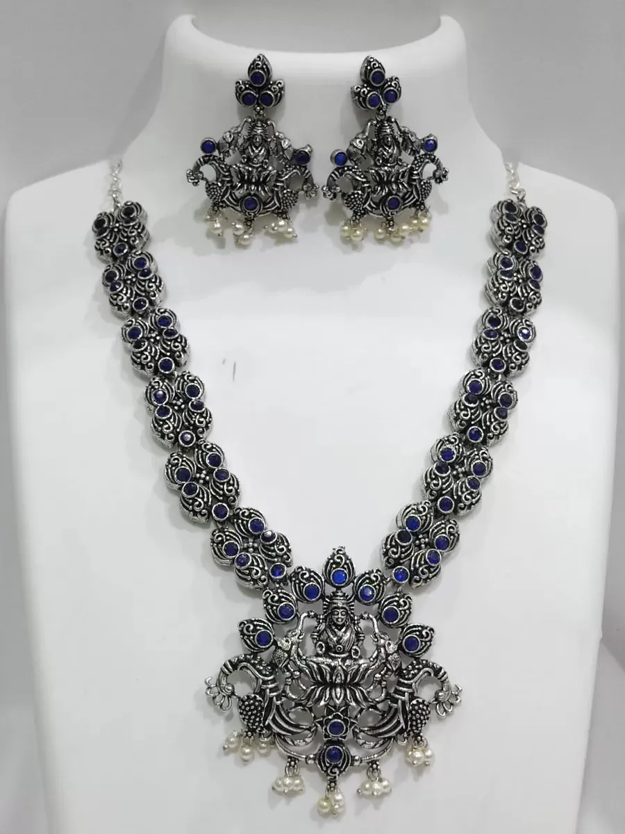 Elegant Oxidized Silver Alloy Goddess Lakshmi Pendant Temple Necklace Jewelry Set