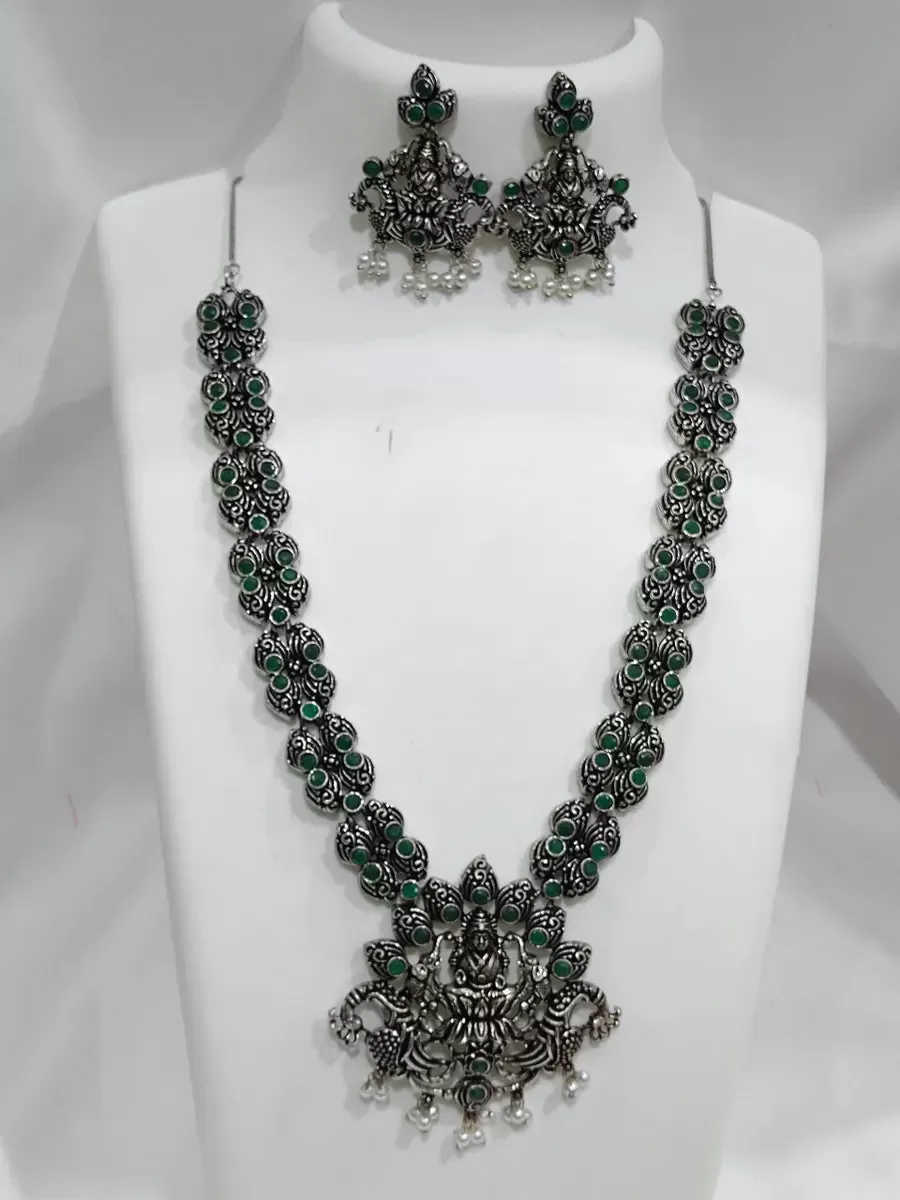 Elegant Oxidized Silver Alloy Goddess Lakshmi Pendant Temple Necklace Jewelry Set