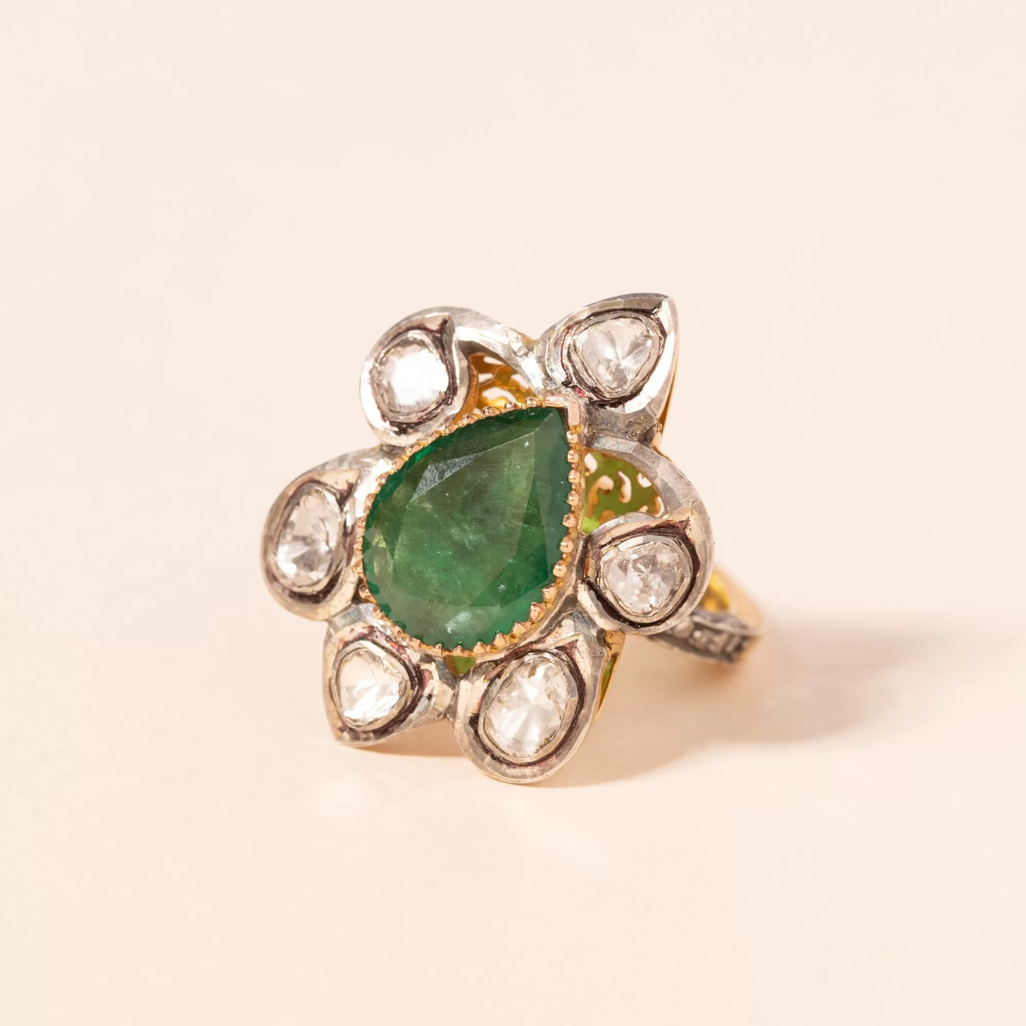 Emerald and Diamond Flower Ring