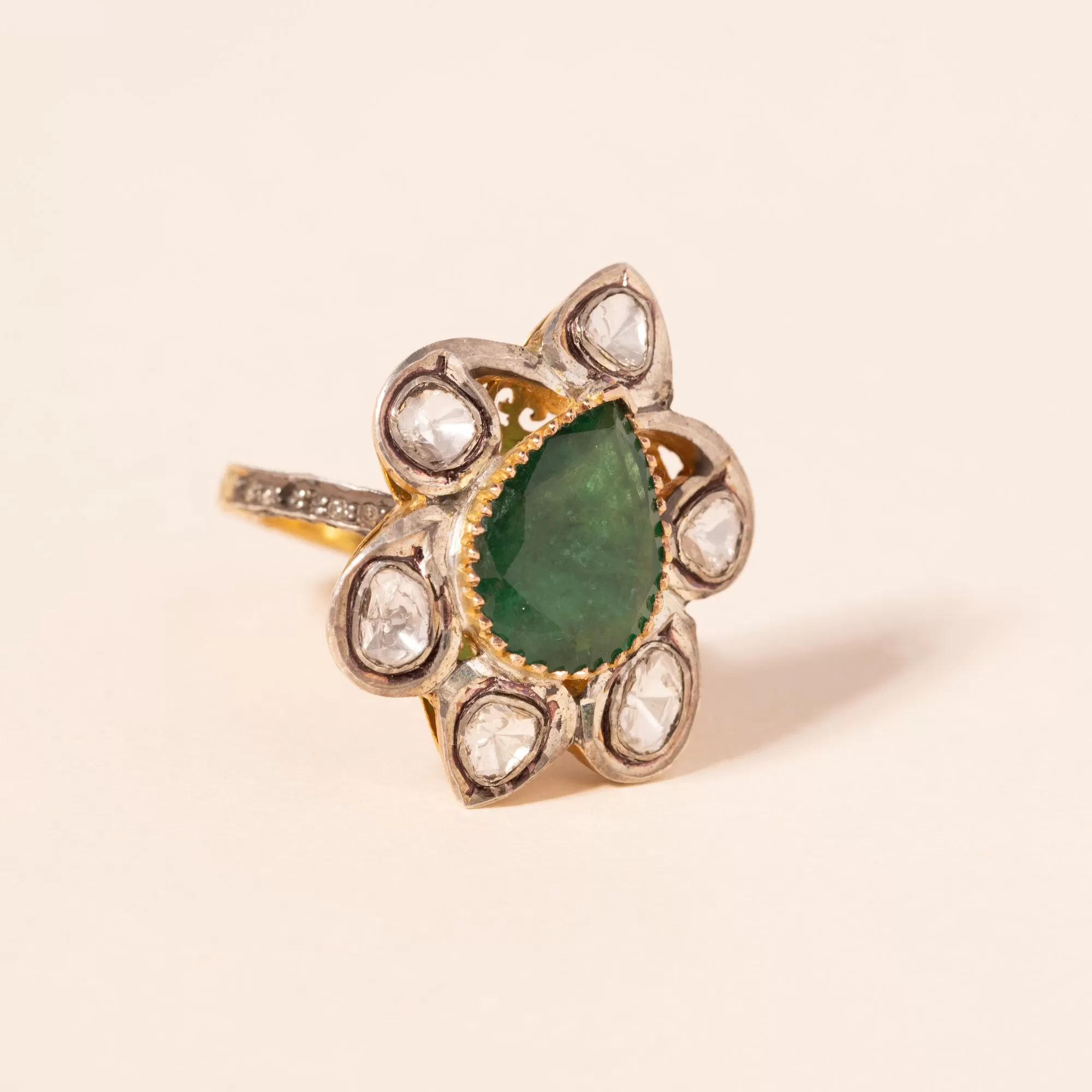 Emerald and Diamond Flower Ring