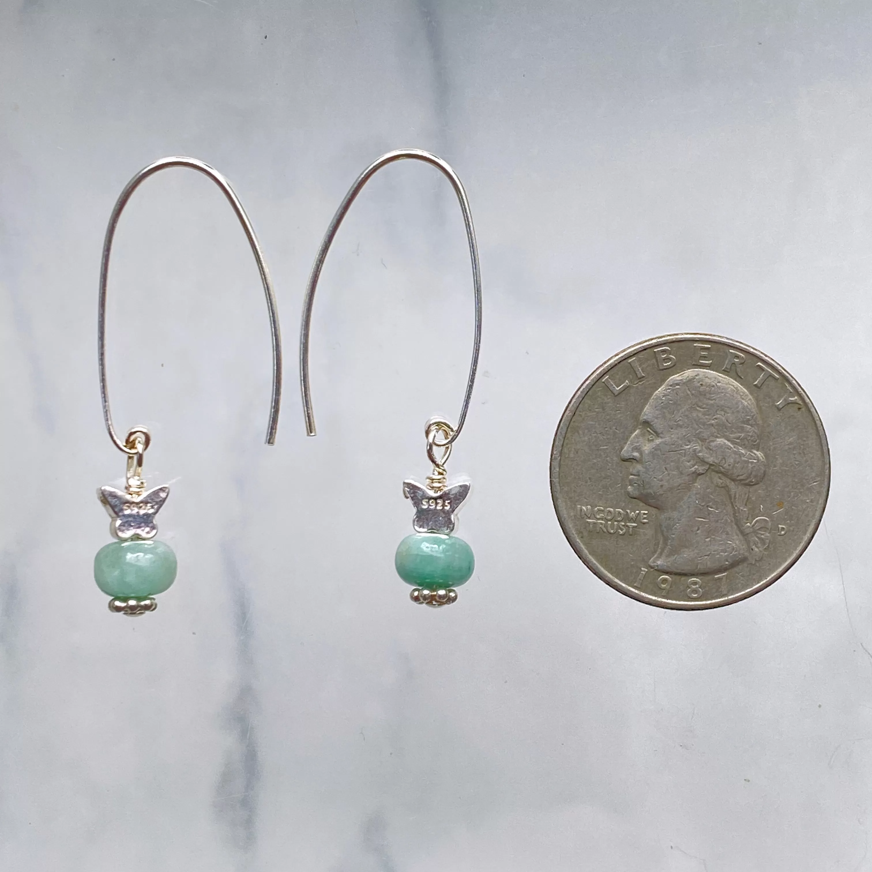 Emerald gemstones and Sterling Silver Butterfly dangle and drop Earrings